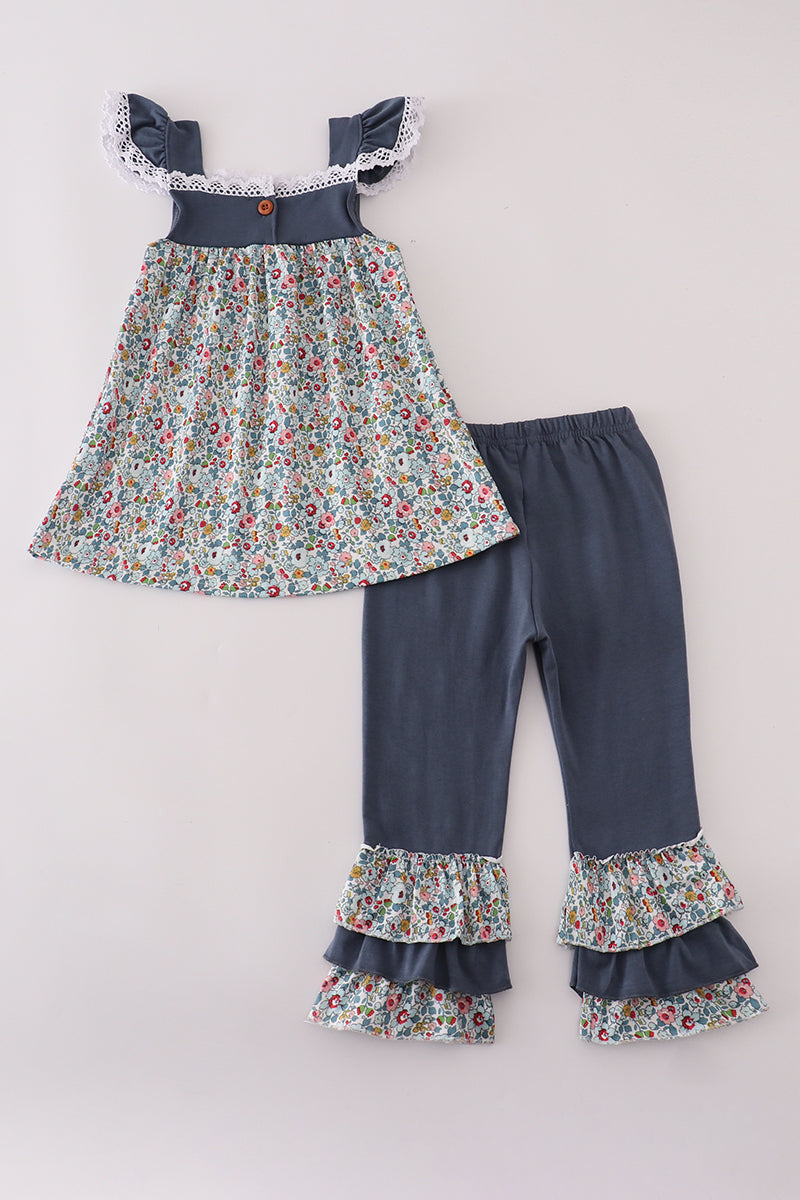 Blue meadow charm lace ruffle pants set