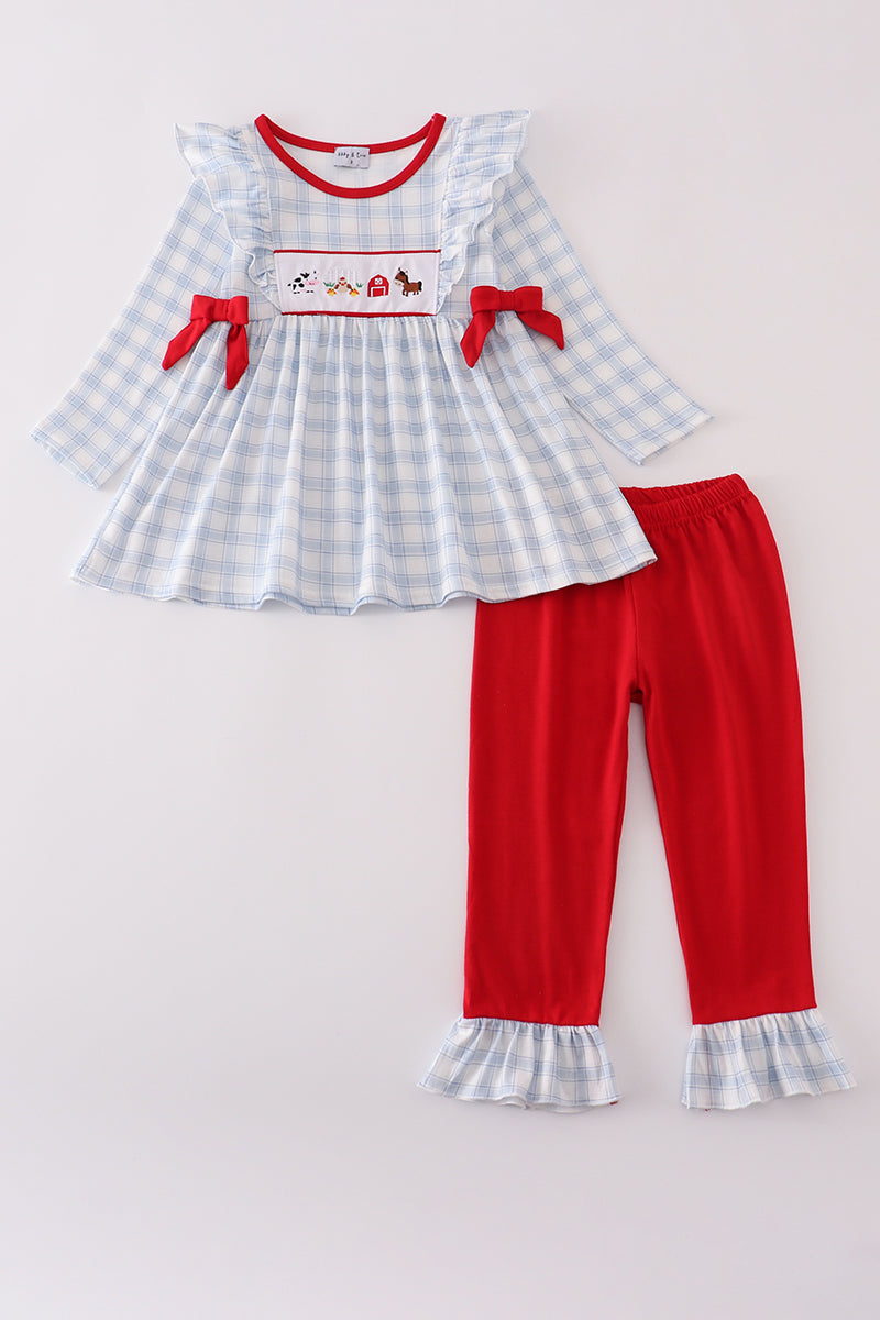 Blue farm embroidery plaid ruffle bubble