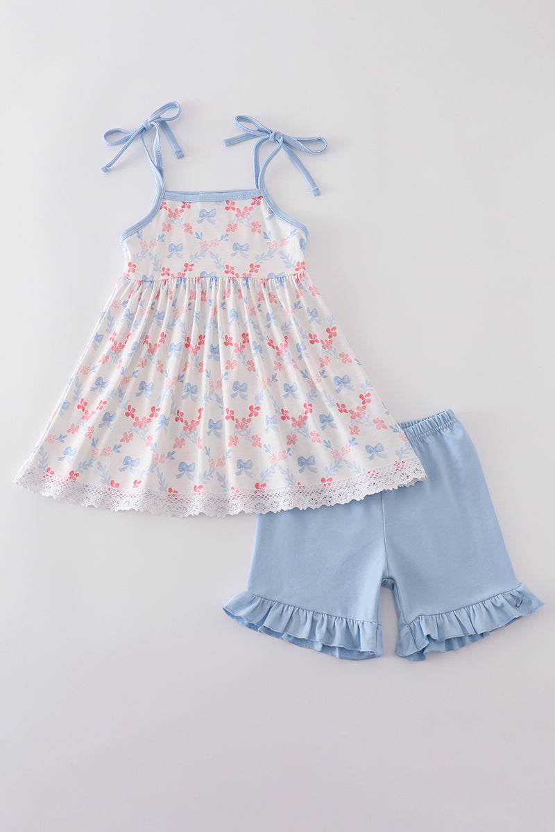 Blue bow lattice print set