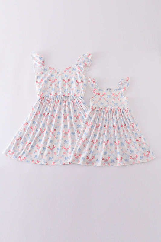 Blue bow lattice print mom&me dress