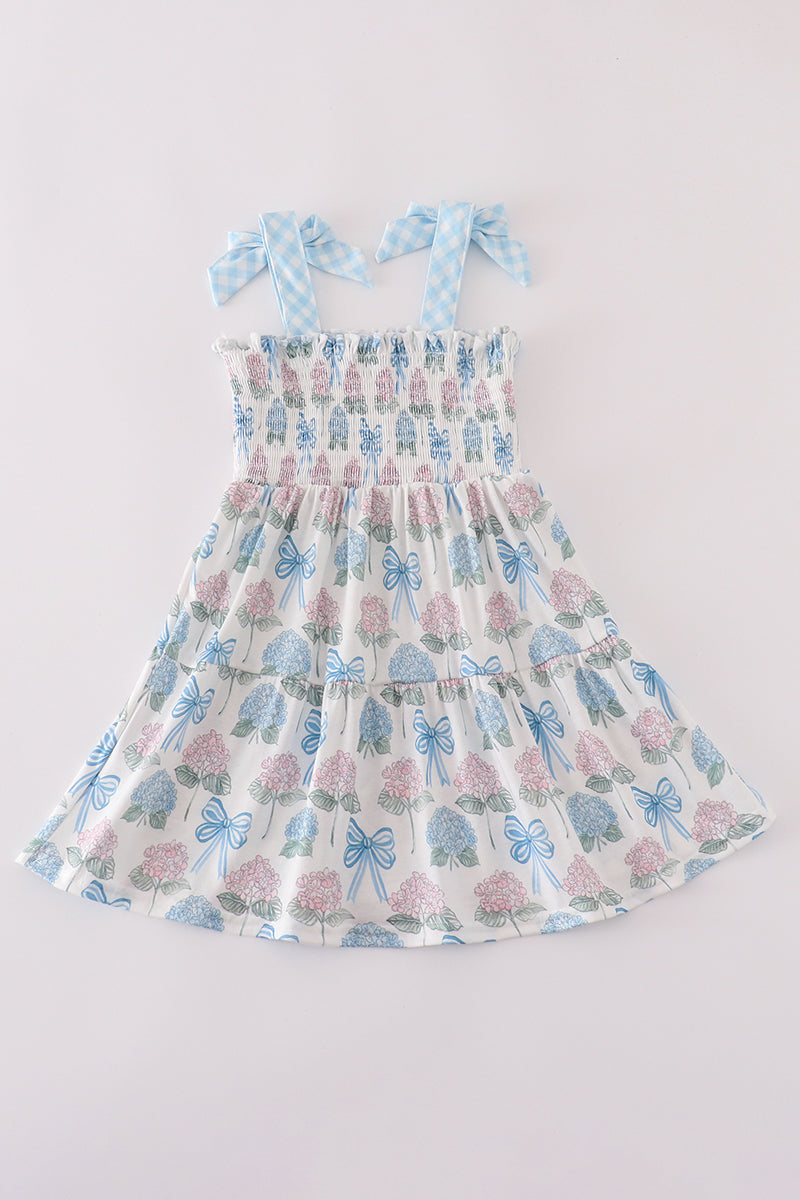 Blue hydrangea bow smocked mom&me dress