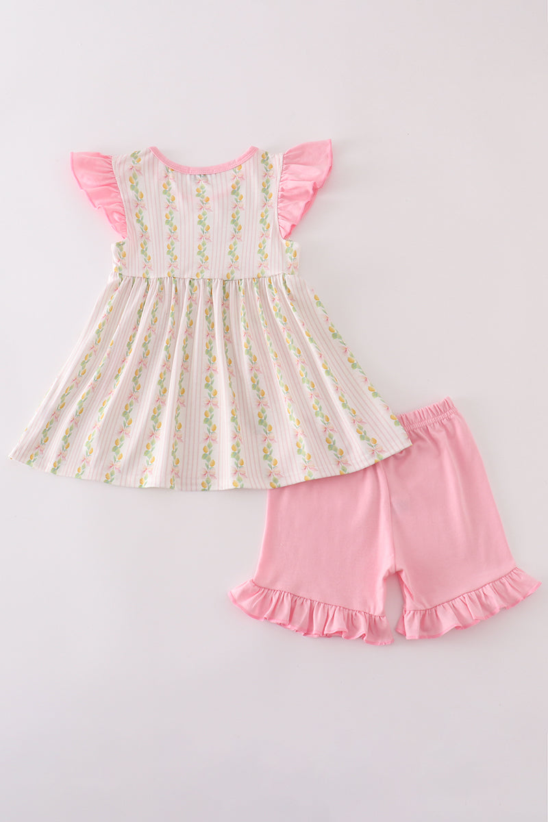 Pink lemon print bow ruffle shorts set