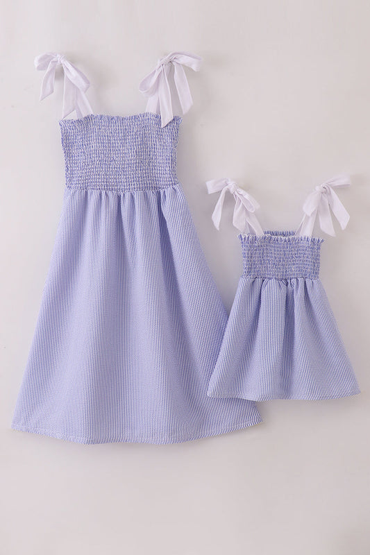 Blue stripe seersucker smocked mom&me dress