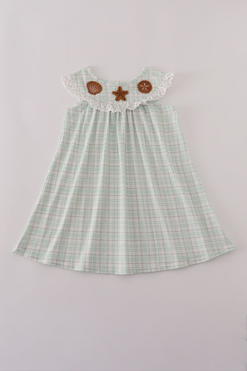 Green plaid sea shell french knot ruffle dress
