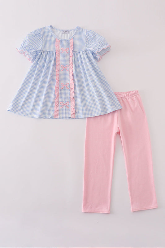Blue bow embroidery gingham ruffle pants set