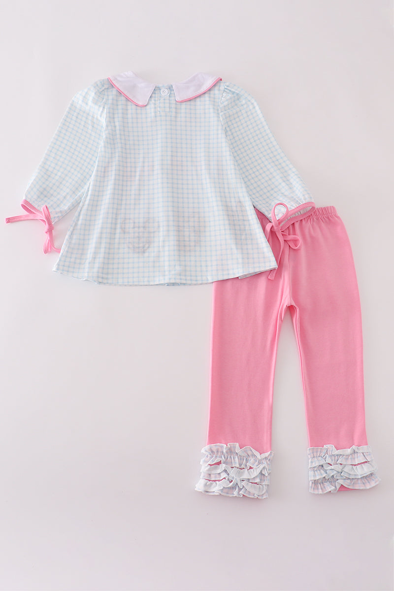 Pink character embroidery ruffle pants set