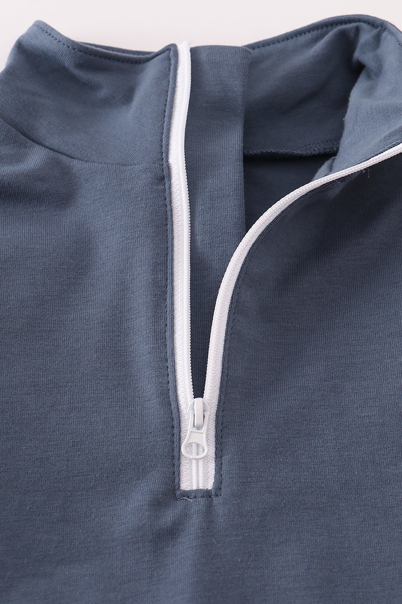 Navy character embroidery zip pull over