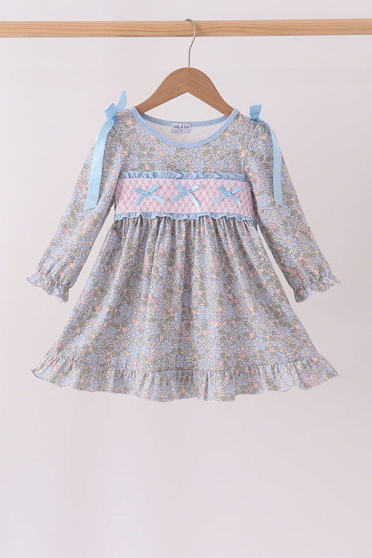 Blue Floral Bow Smocked Ruffle Dress