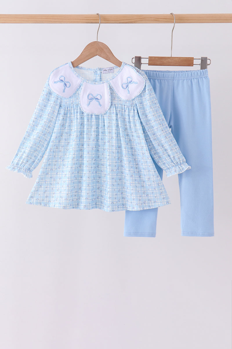 Blue bow embroidery pants set