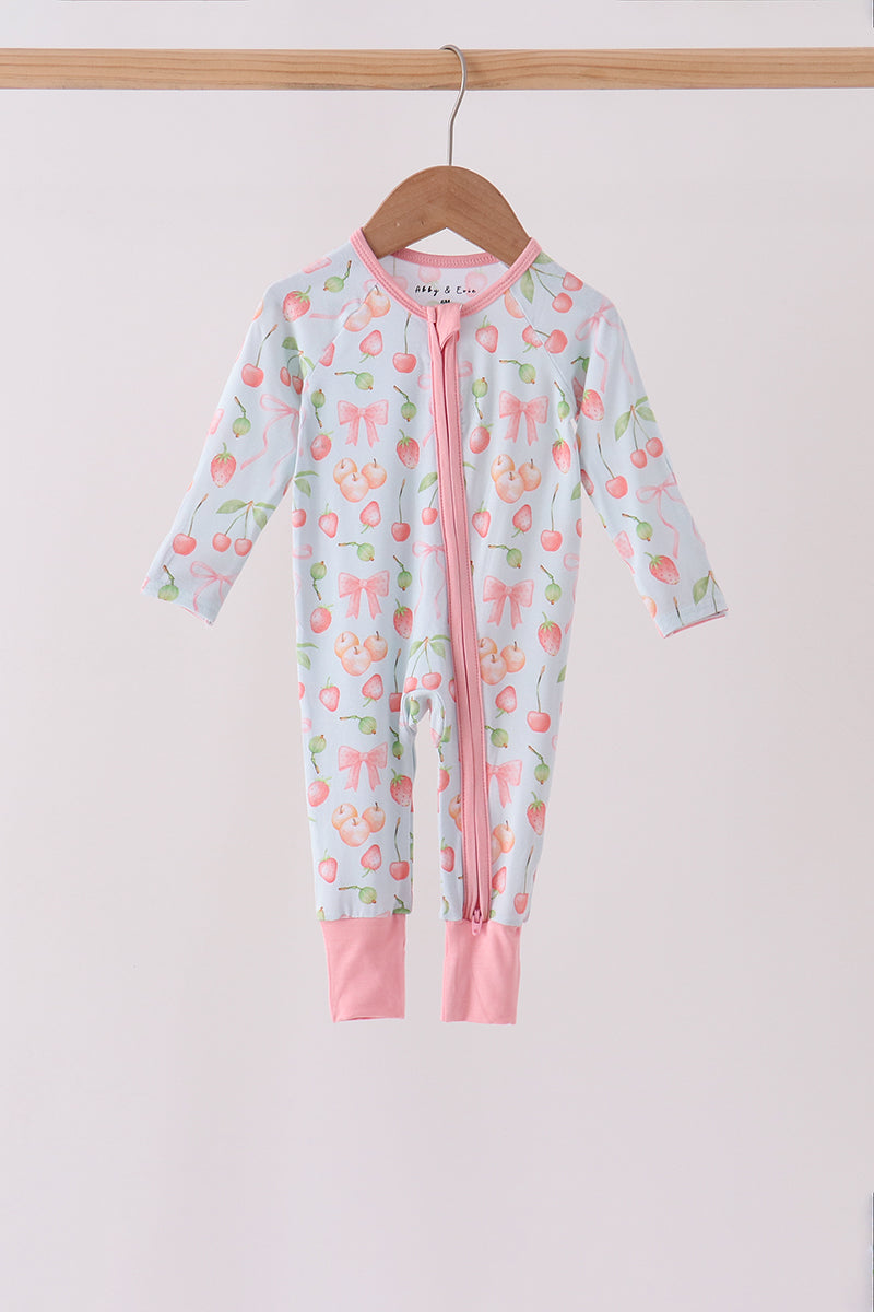 Pink bow cherry zipper bamboo romper