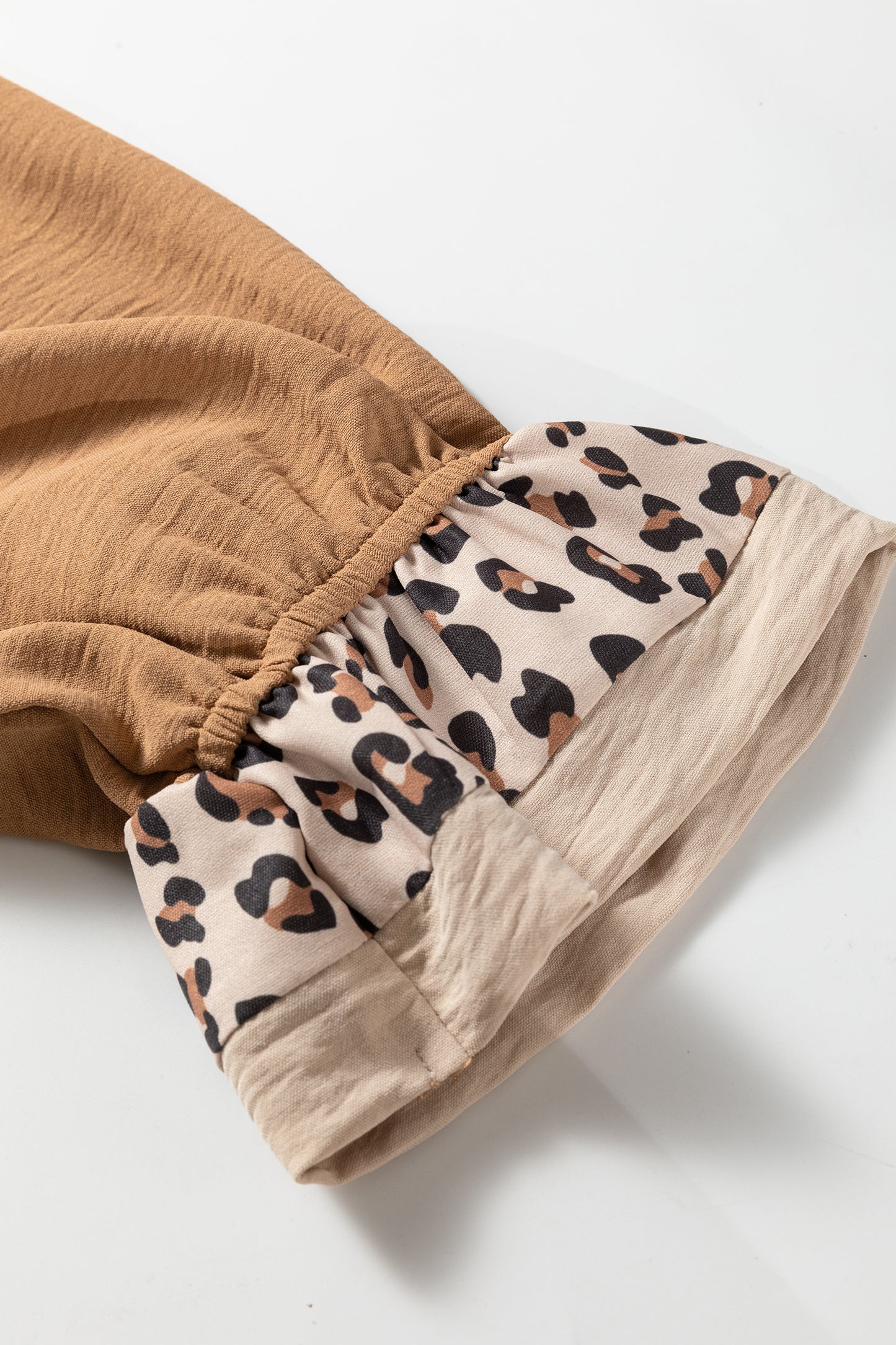 Camel Contrast Leopard Print Patchwork Polo Collar Buttons Front Ruffled Long Sleeve Blouse