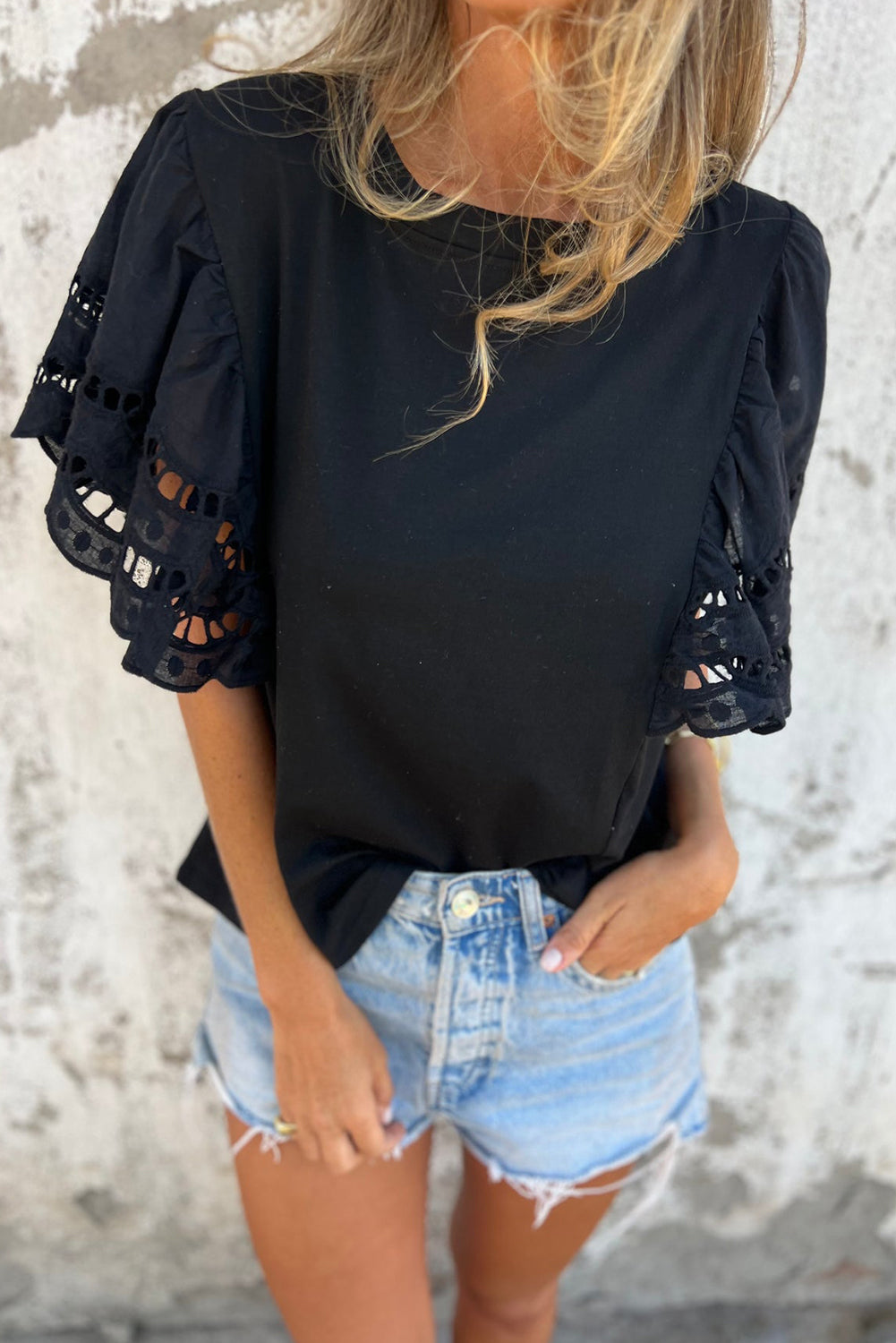 Black Hollow Out Embroidered Short Sleeve O Neck Top
