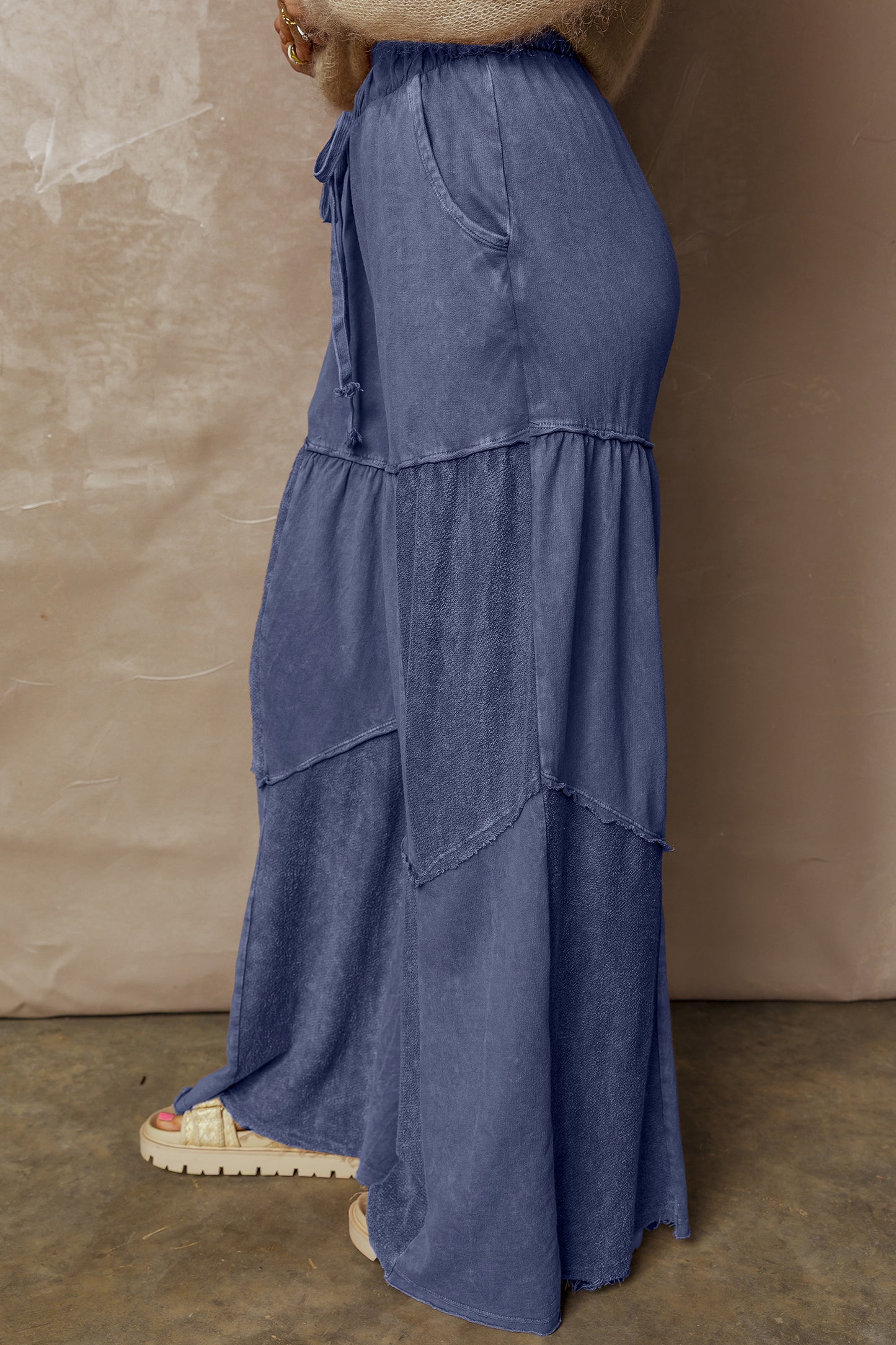 Ashleigh Blue Careys Mineral Wash Tiered Wide Leg Patchwork Drawstring Pants