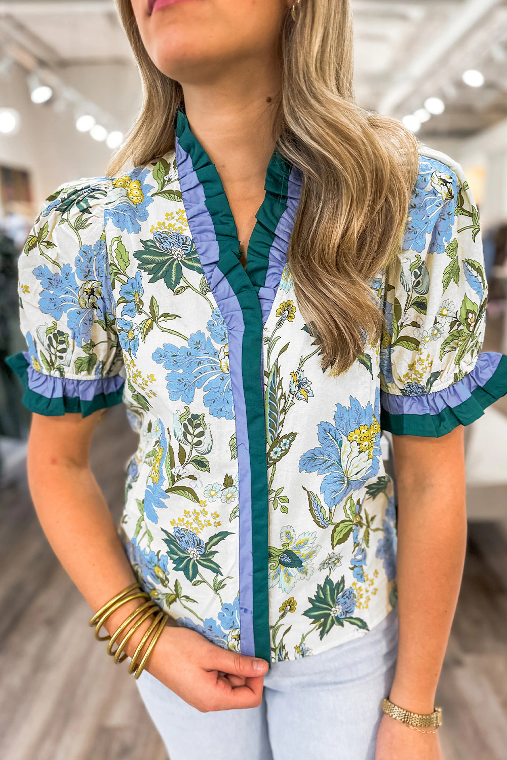 Beige Floral Print Contrasted Frilled Striped Trim Short Sleeve Blouse