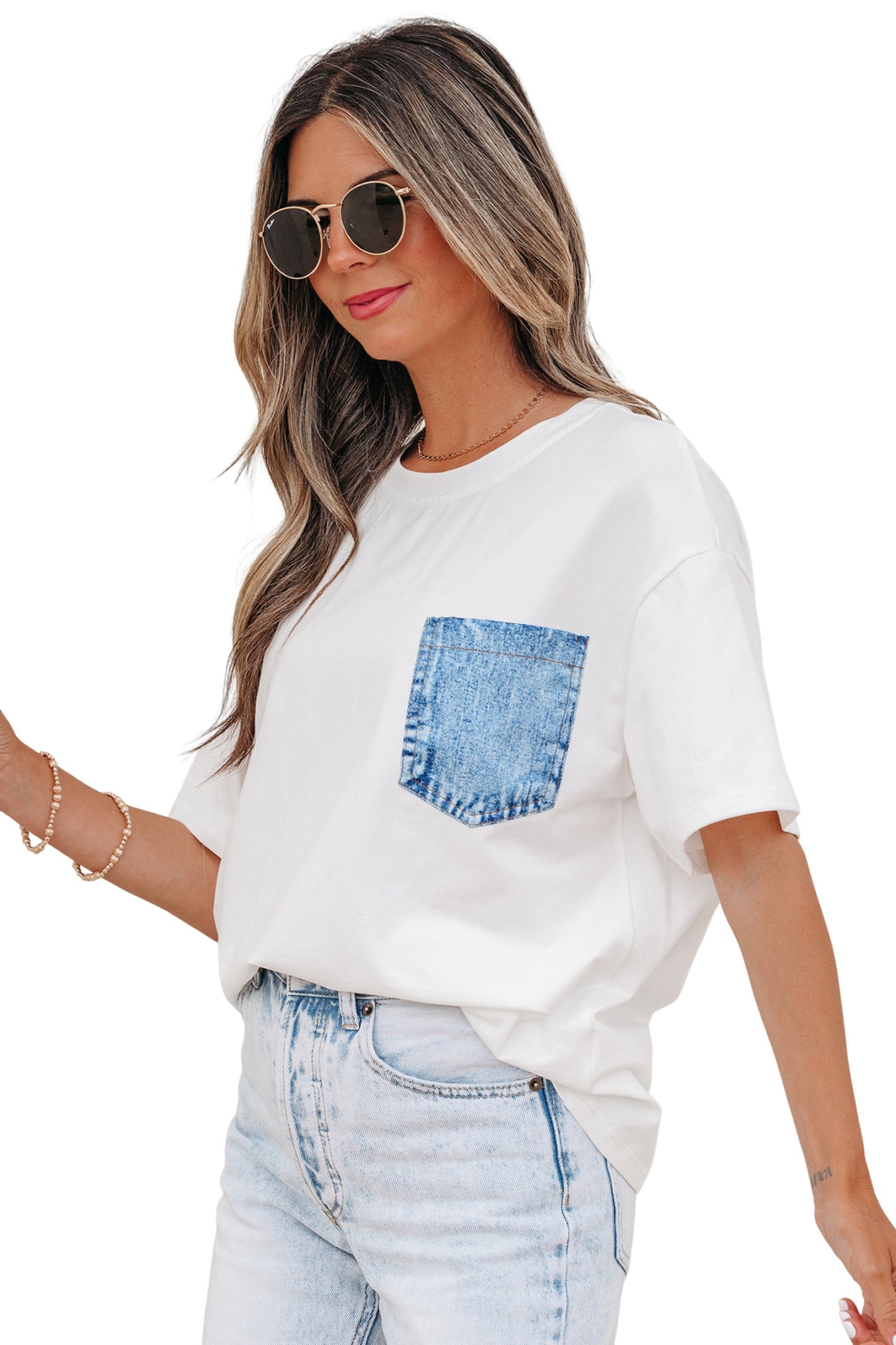 White Color Block Chest Pocket Patched Casual Short Sleeve Top