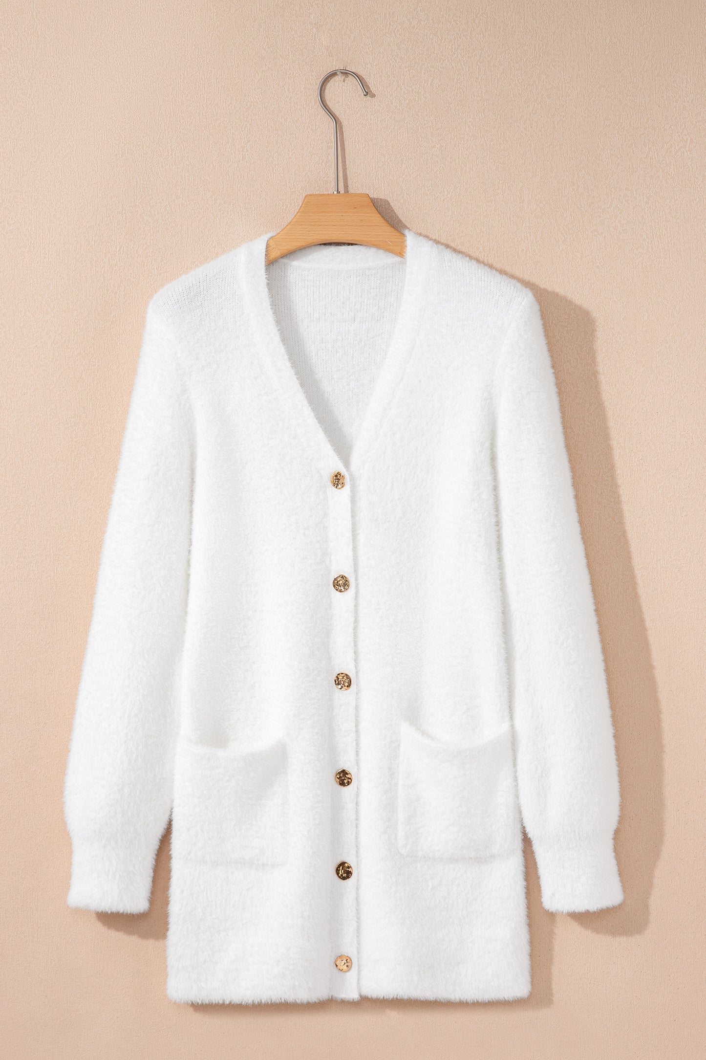White Fuzzy Buttoned Front Midi Solid Cardigan