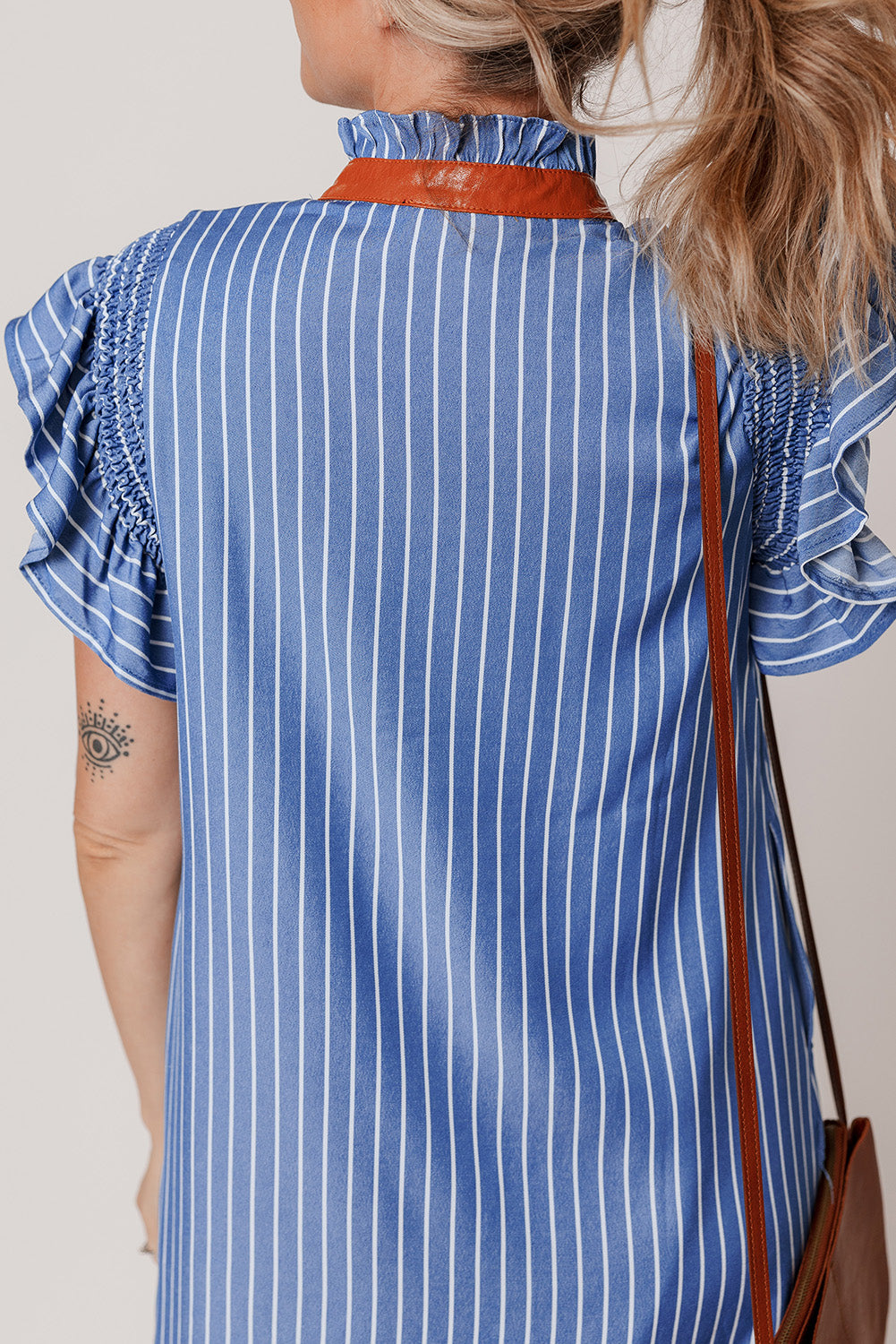 Sky Blue Stripe Frilly Split Neck Shirred Ruffle Sleeve Short Shift Dress