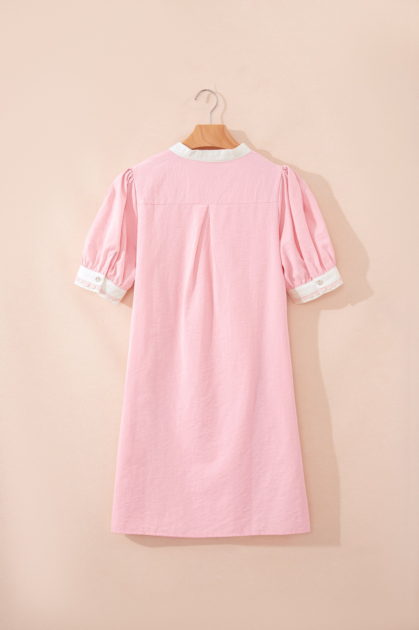 Light Pink Scallop Color Block Trim Puff Sleeve Mini Dress