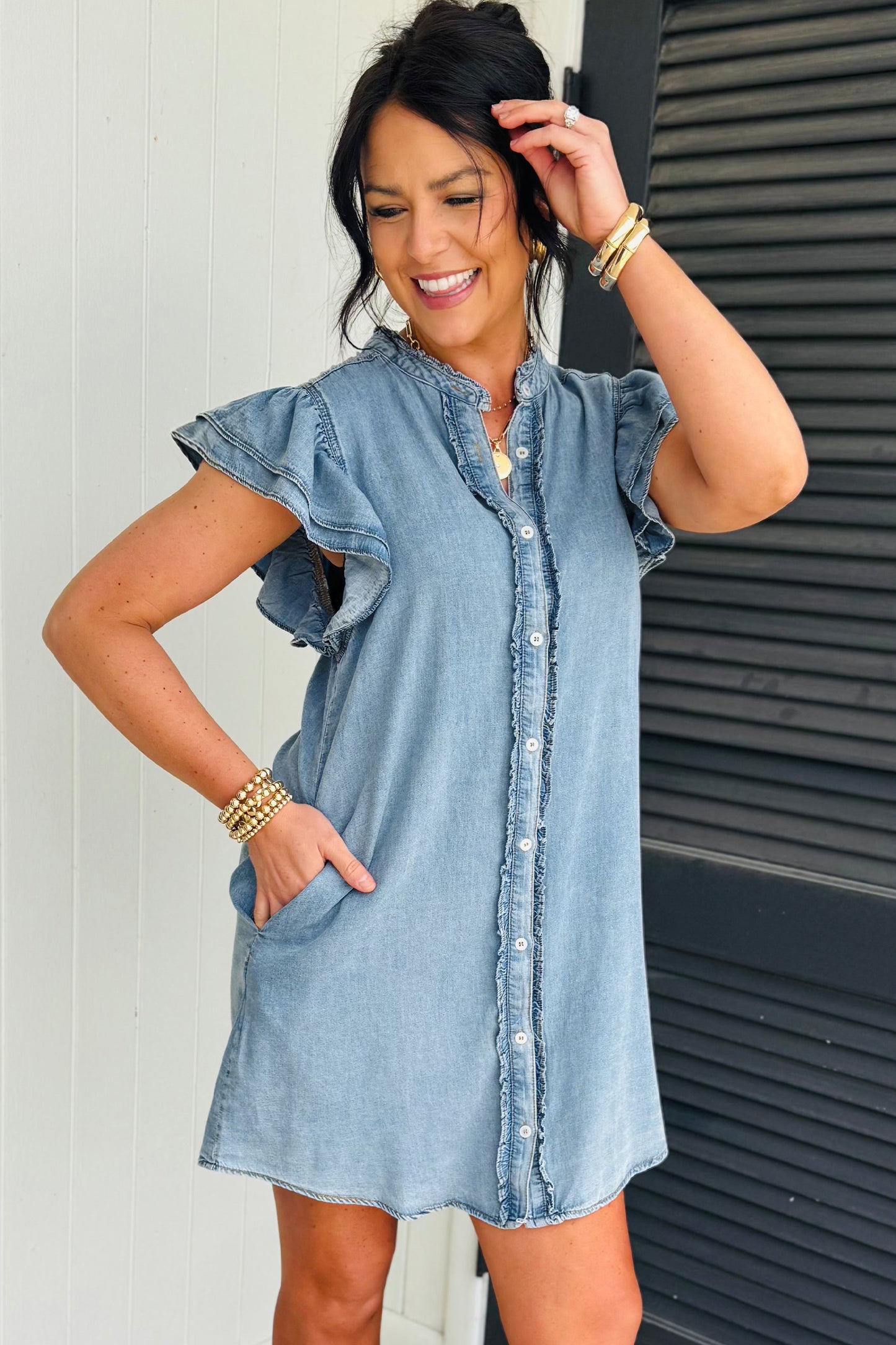 Myosotis Frilled Detail Button Down Ruffle Short Sleeve Denim Mini Dress