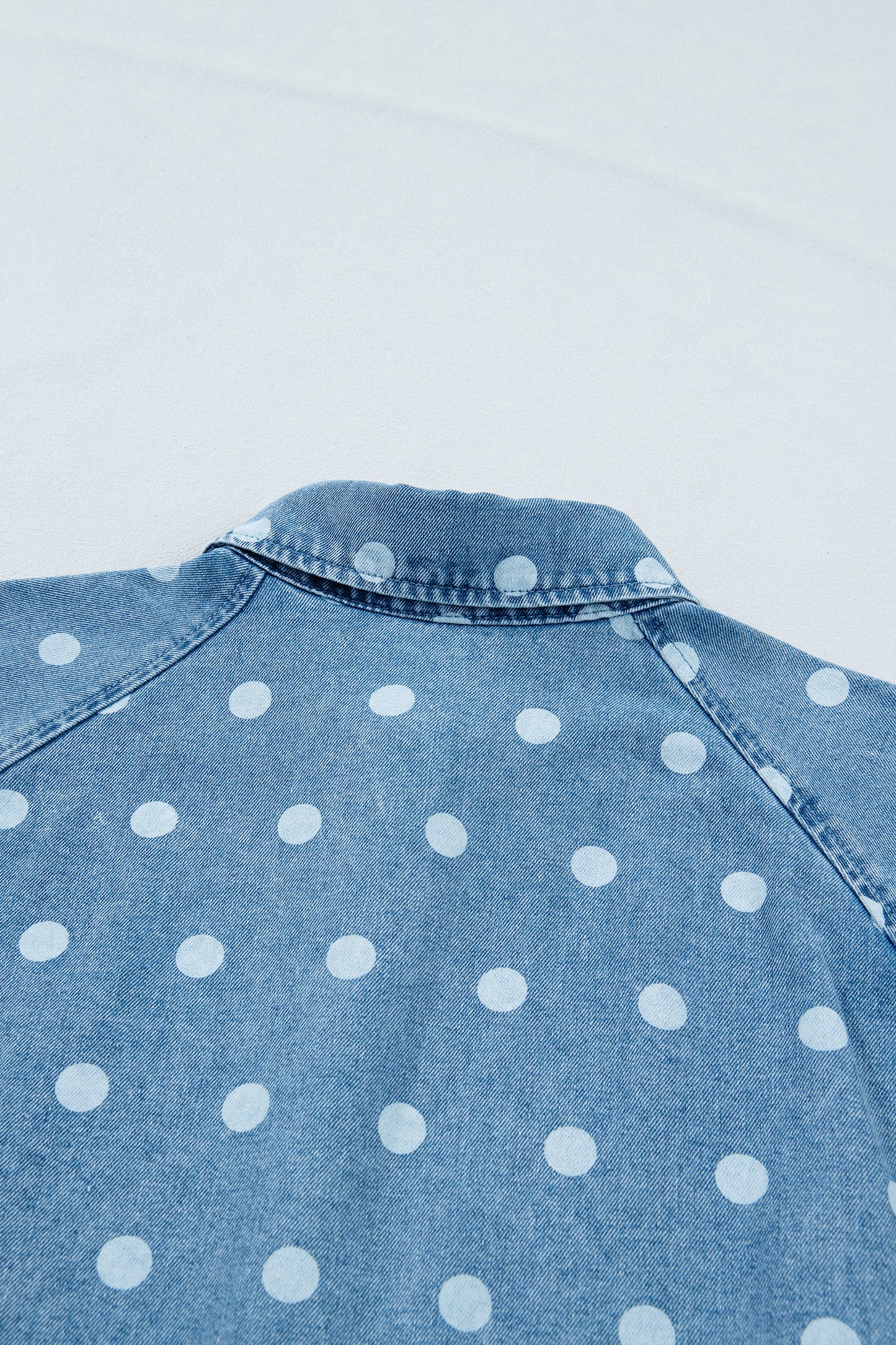 Sky Blue Polka Dot Print Ruffled Short Puff Sleeve Button Down Loose Denim Dress