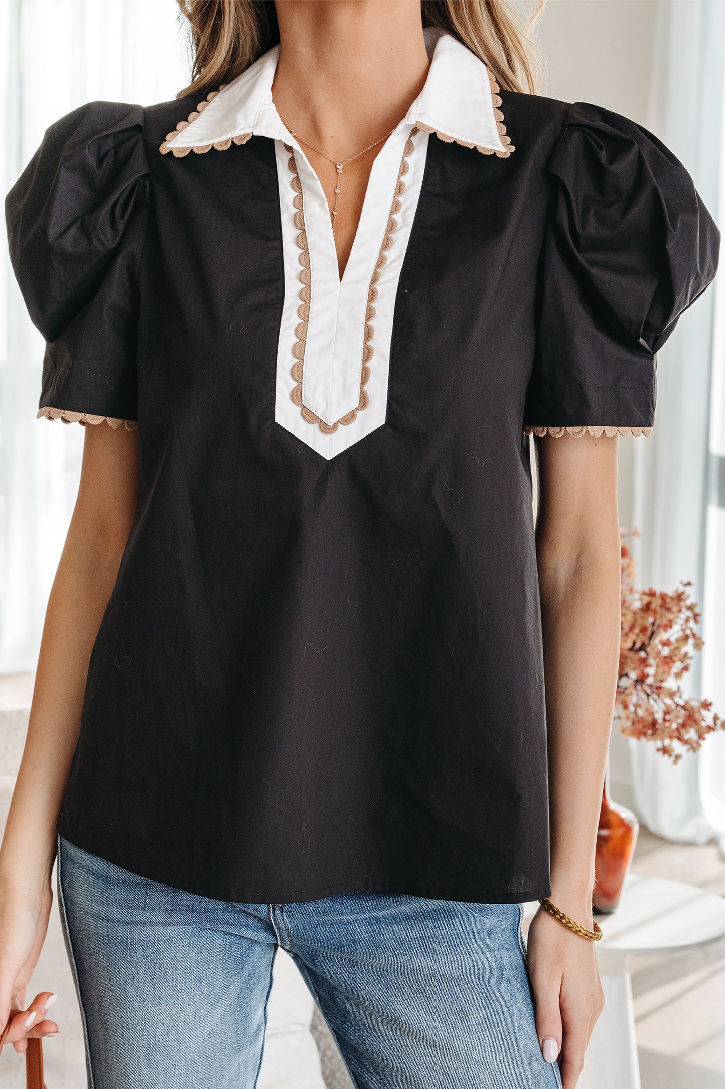 Black Ricrac Trim Color Block Patchwork Shirt Collar Short Sleeve Blouse