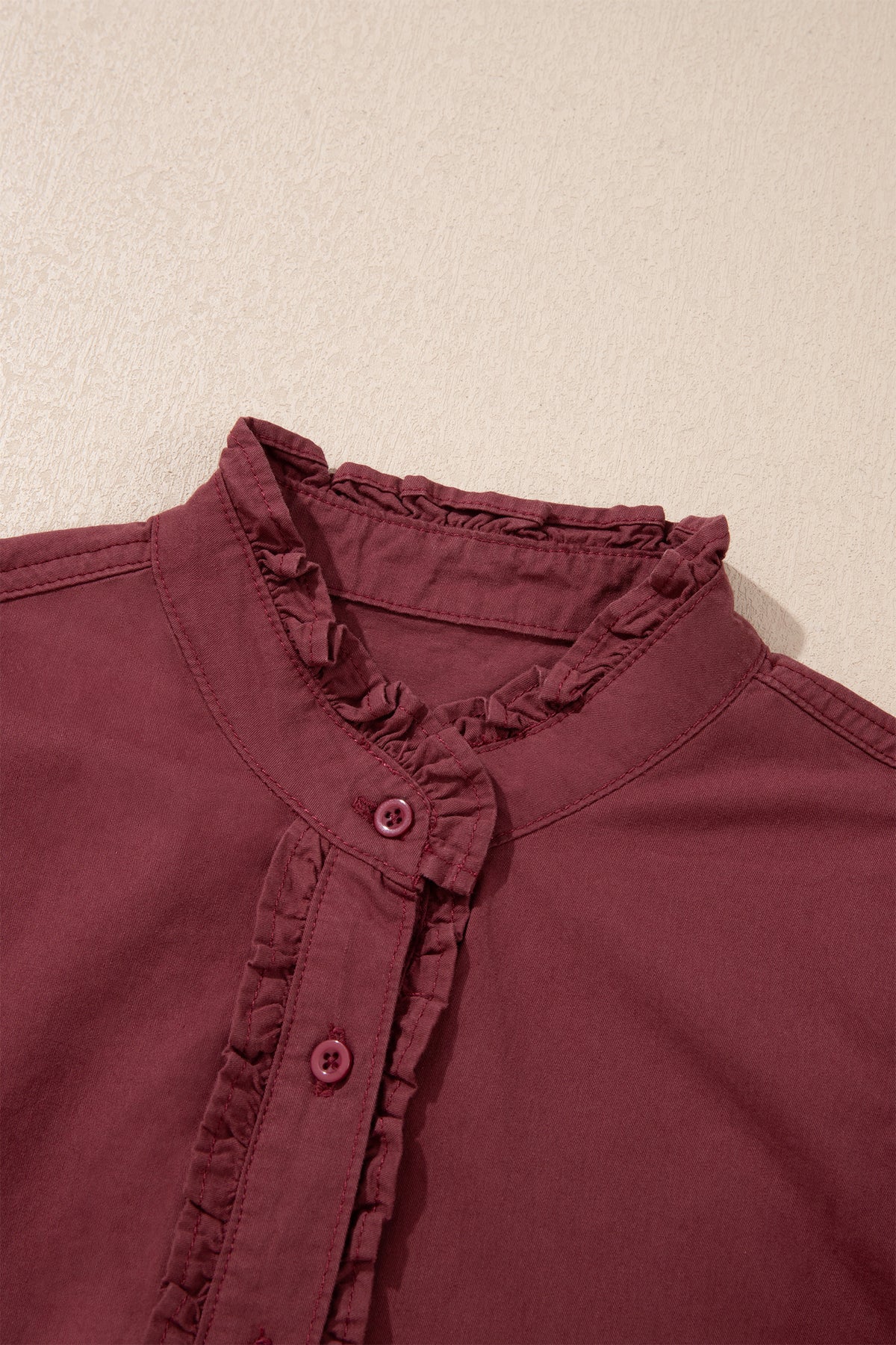 Red Sandalwood Frilled Detail Button Down Ruffle Short Sleeve Denim Mini Dress