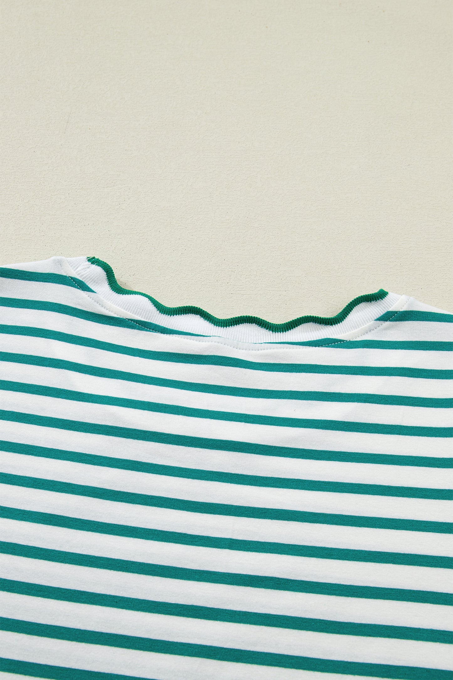 Green Stripe Scalloped Trim Round Neck T Shirt