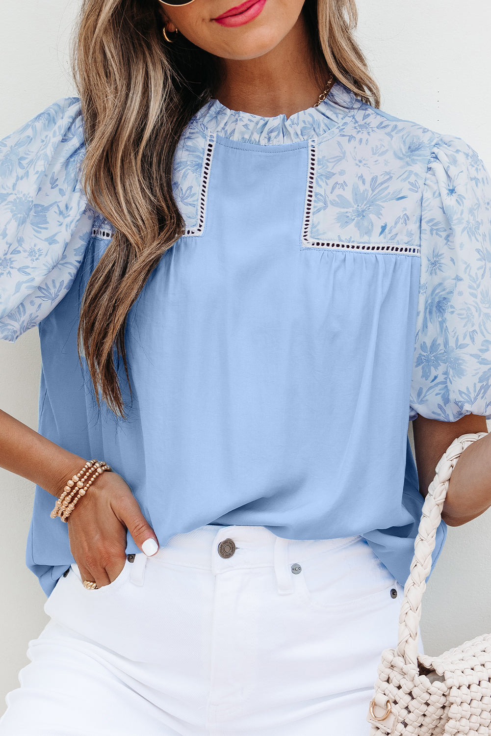 Beau Blue Lace Insert Floral Puff Sleeve Patchwork Loose Blouse