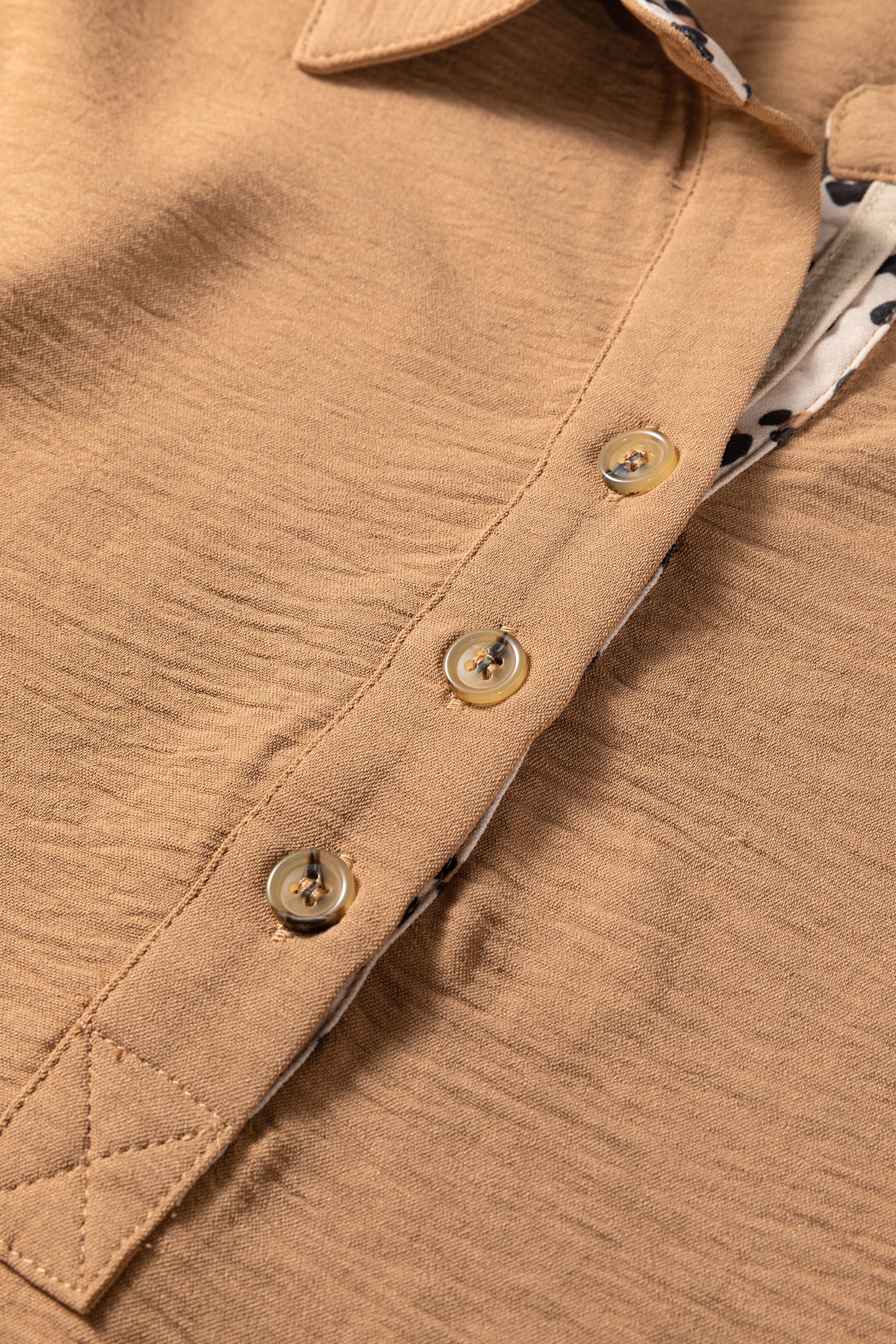 Camel Contrast Leopard Print Patchwork Polo Collar Buttons Front Ruffled Long Sleeve Blouse