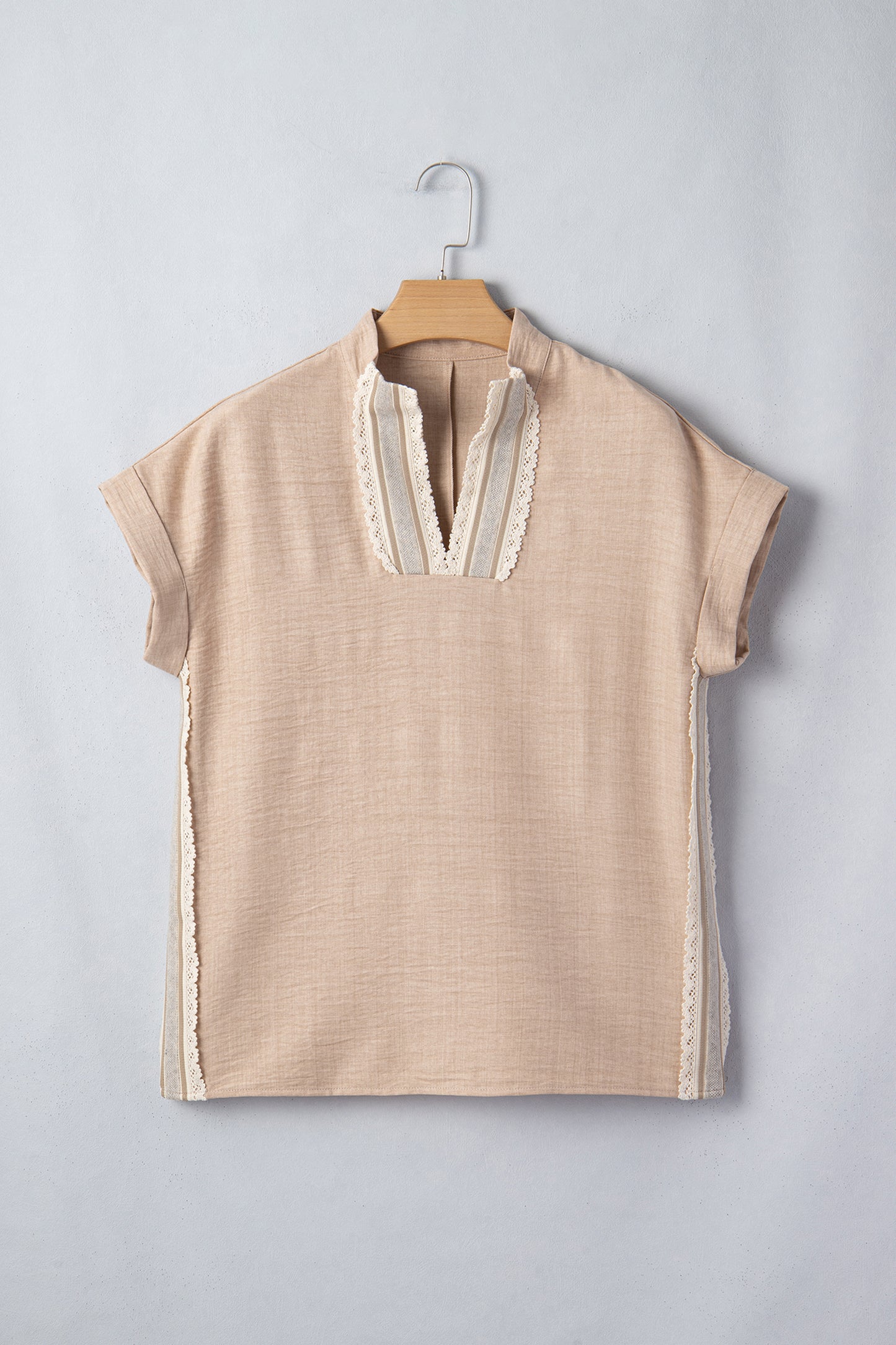 Parchment Crochet Lace Accent Pullover Rolled Short Sleeve Blouse