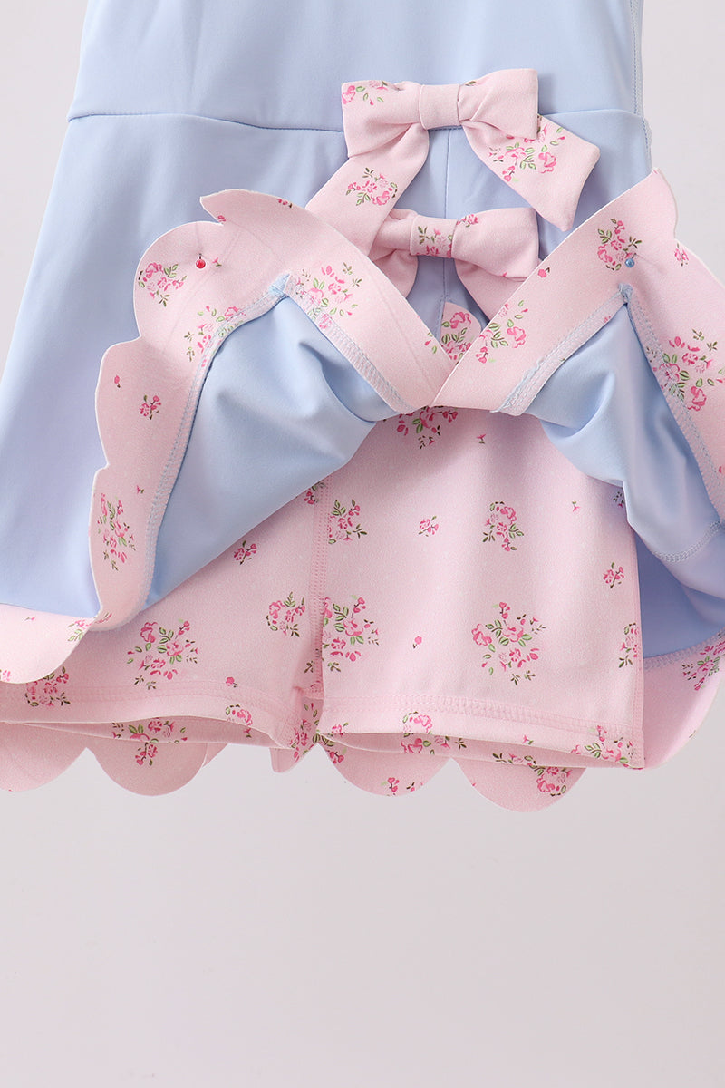 Blue Performance Bow Sash Scalloped Dress