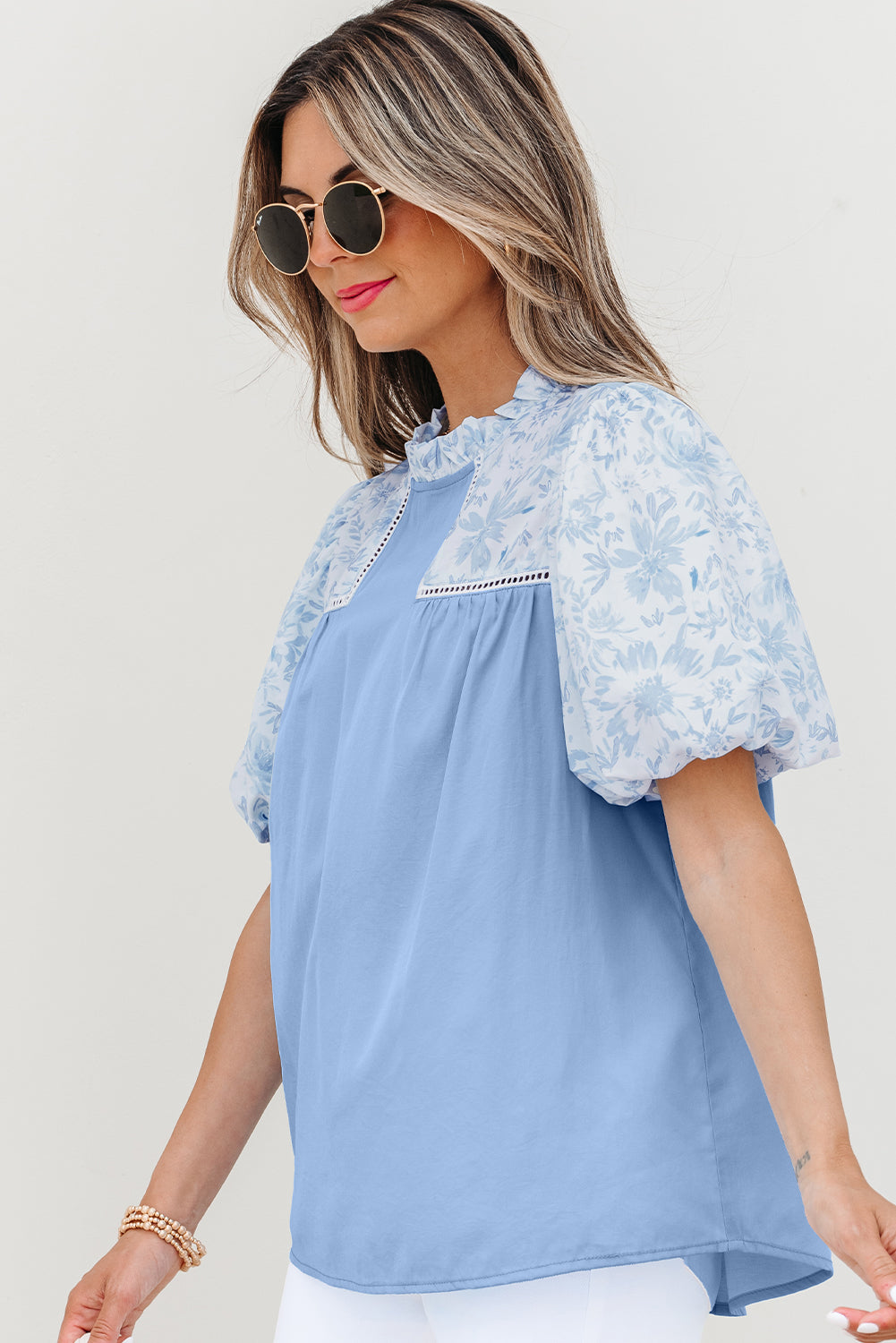 Beau Blue Lace Insert Floral Puff Sleeve Patchwork Loose Blouse