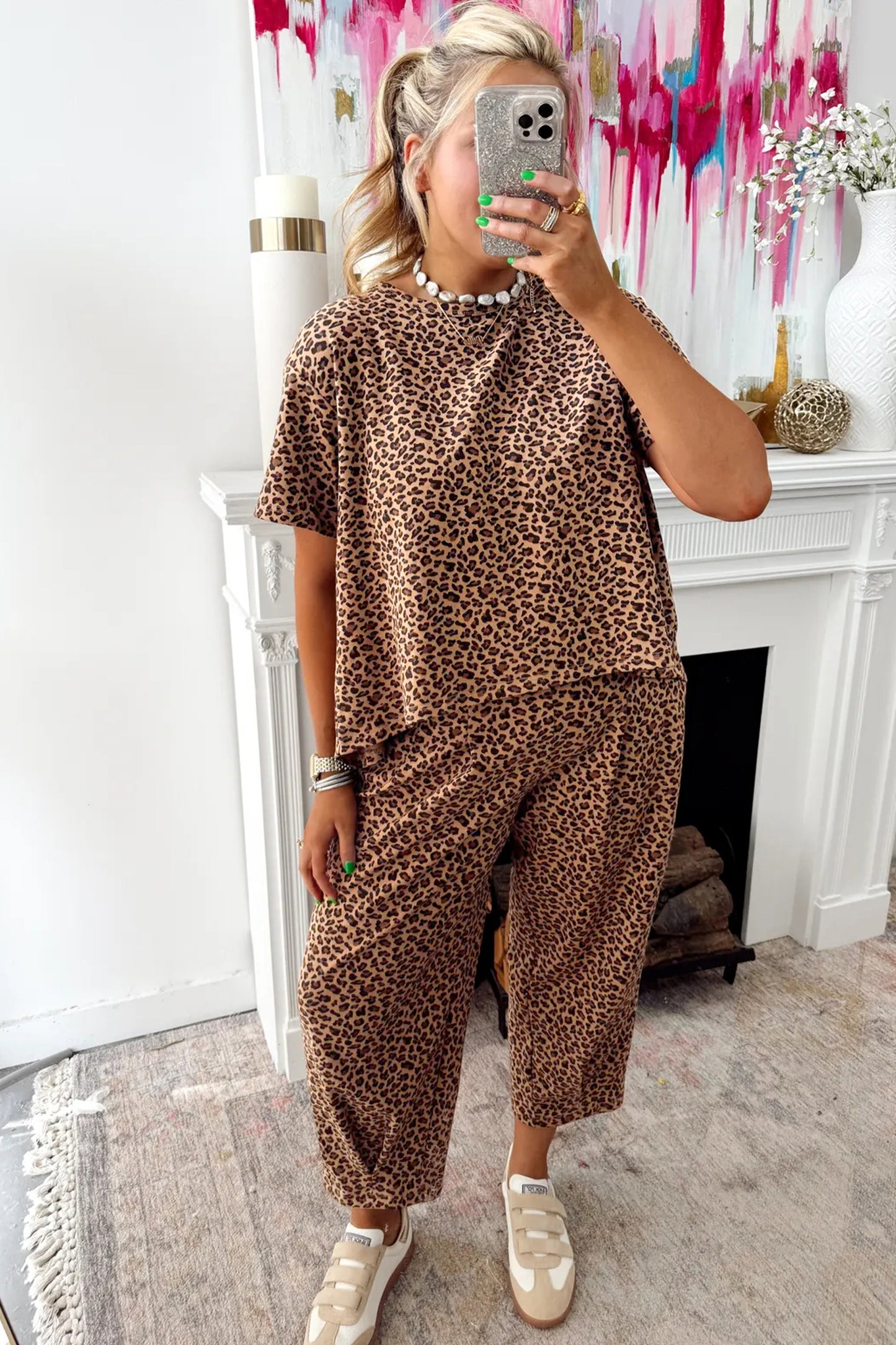 Brown Leopard High-Low Loose Tee Ankle Length Pants Set