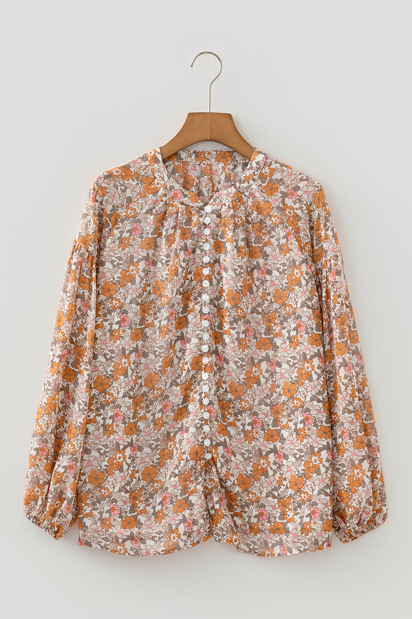 Orange Bohemian Floral Puff Sleeve Full Button Shirt