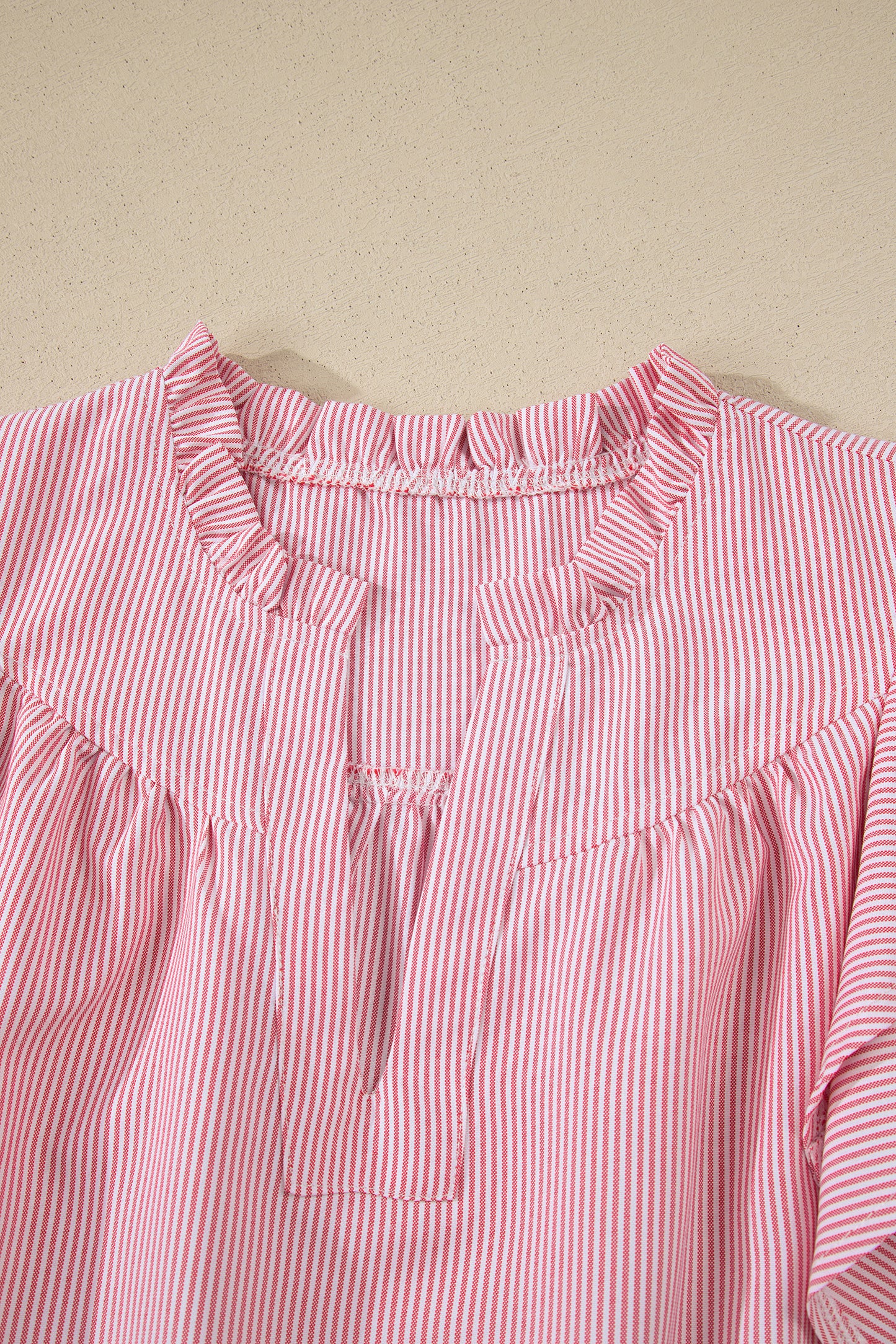 Red Stripe Frilly Split Neck Double Ruffled Short Sleeve Blouse