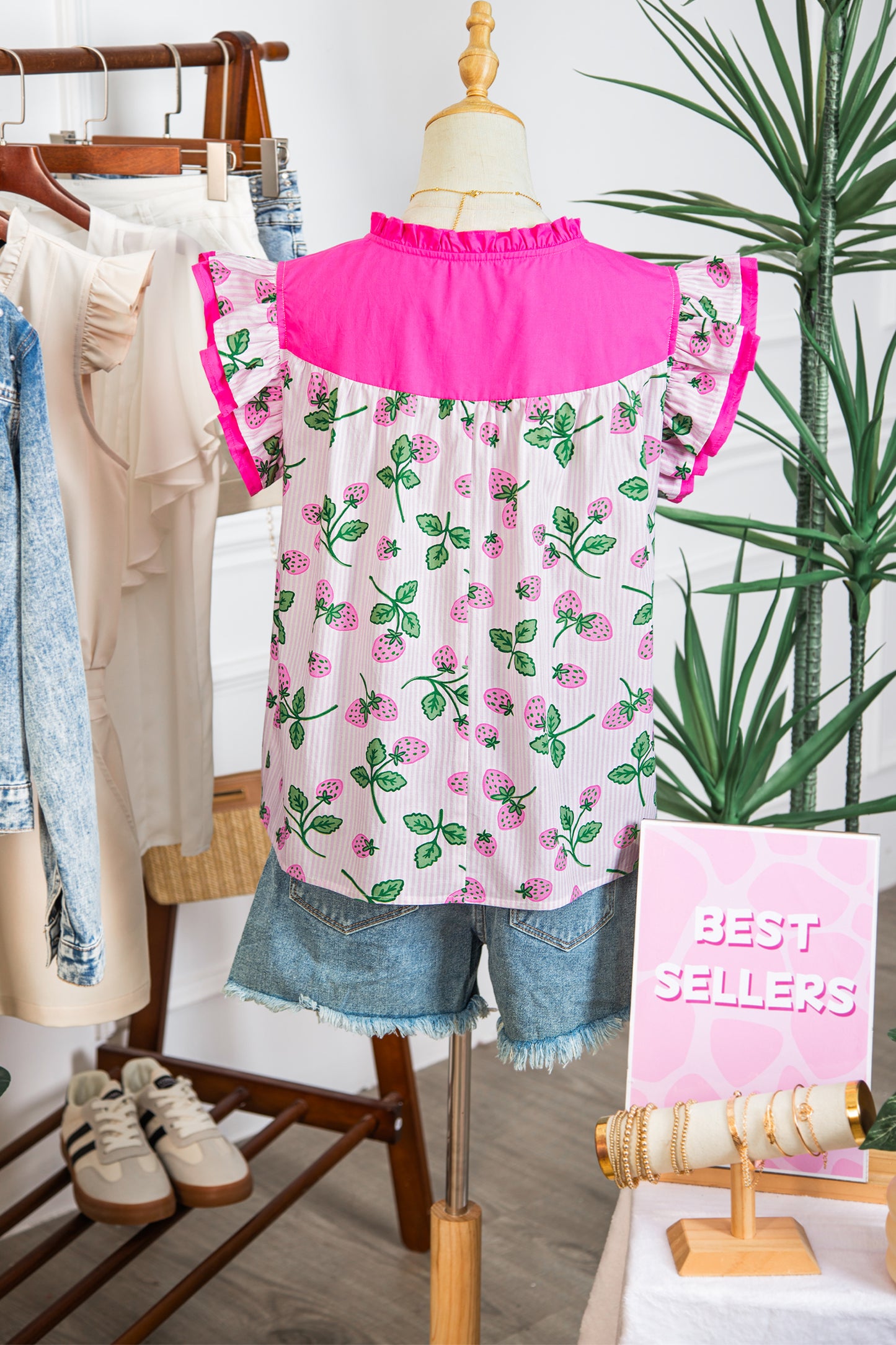 Pink Striped Strawberry Printed Color Block Patchwork V Neck Flutter Sleeve Blouse