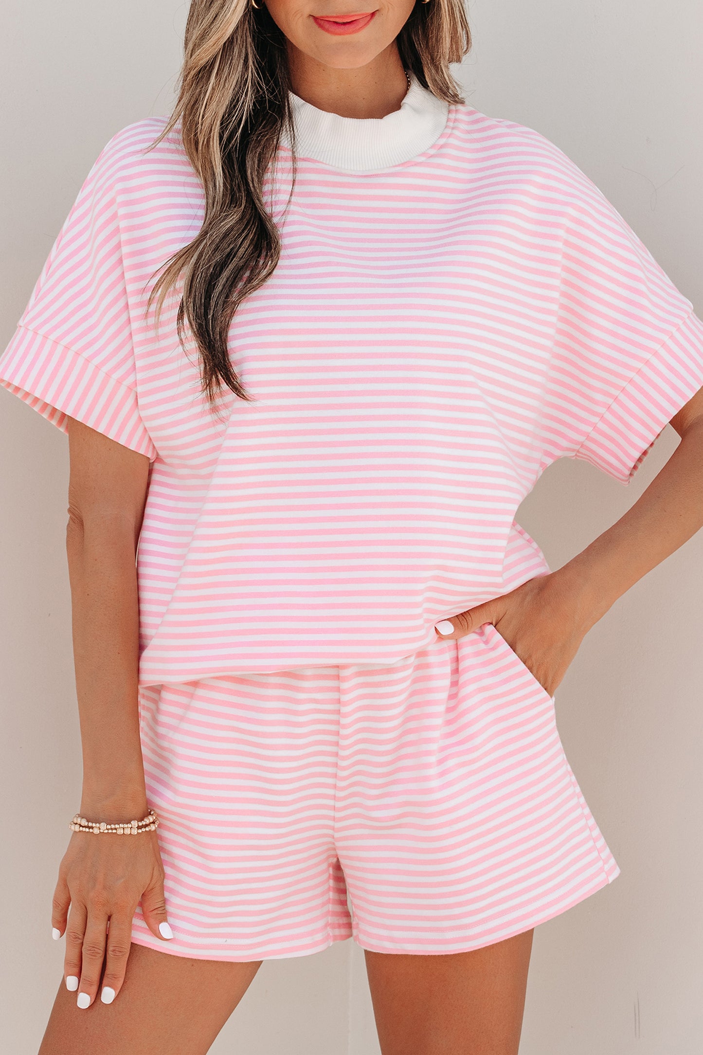 Pink Stripe Cuffed Sleeve Contrast Mock Neck Tee Casual 2pcs Short Set
