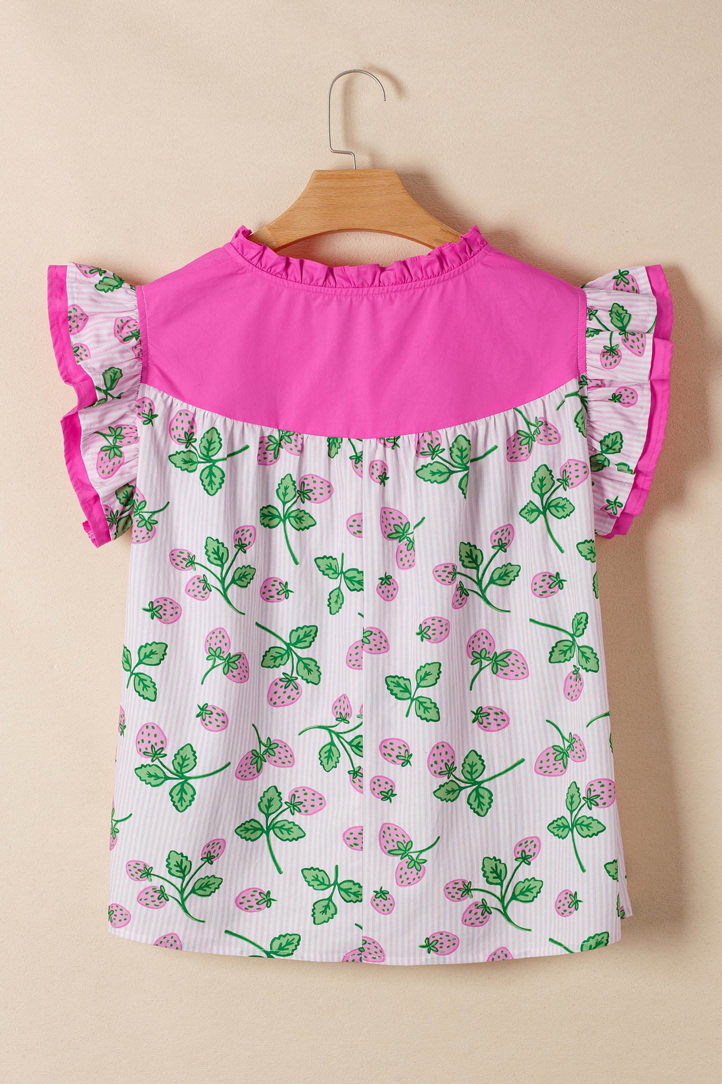 Pink Striped Strawberry Printed Color Block Patchwork V Neck Flutter Sleeve Blouse