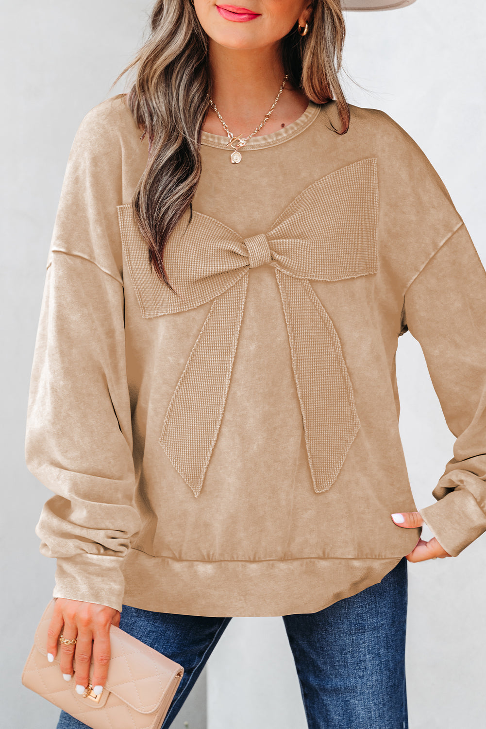 Light French Beige Mineral Wash Big Bow Patchwork Pullover Sweatshirt