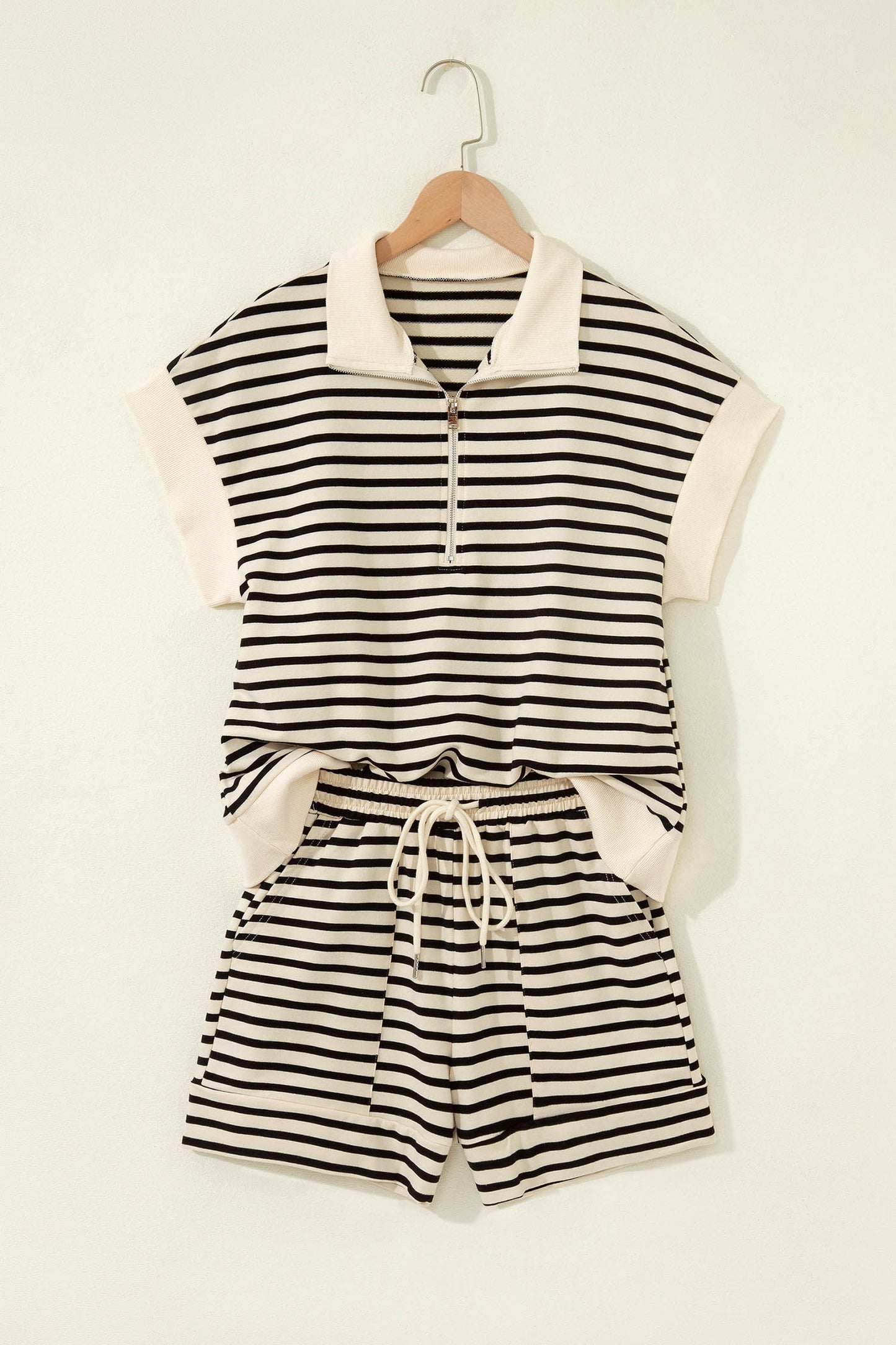 Black Stripe Ribbed Color Block Trim Zip Polo Tee Drawstring Shorts 2pcs Outfit