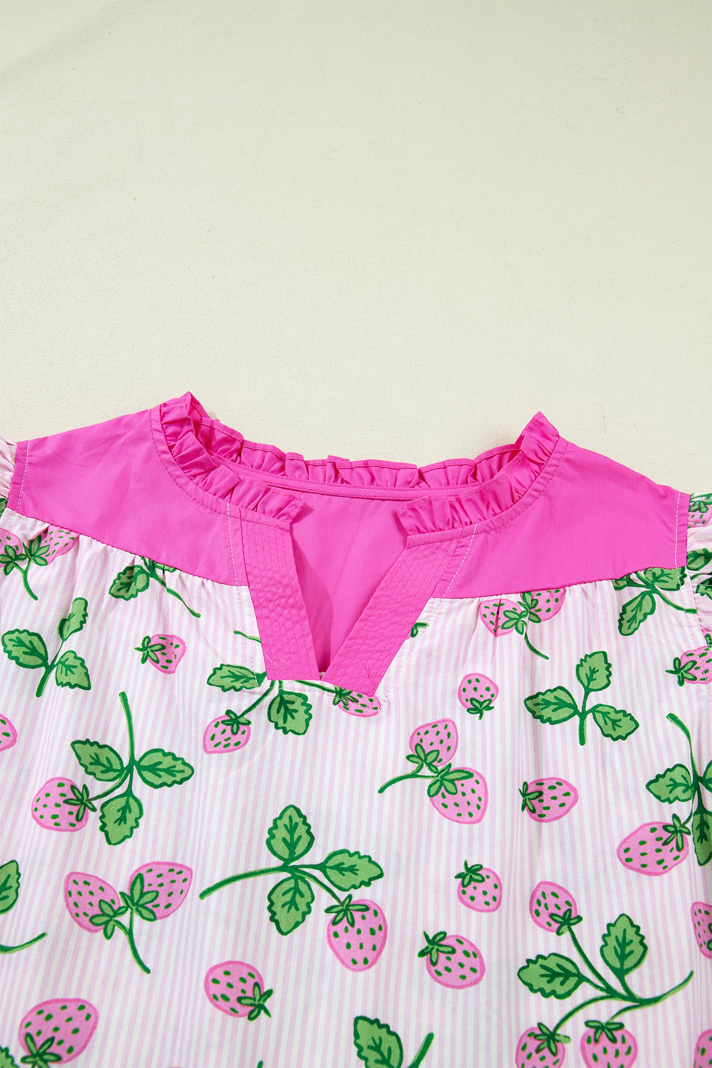 Pink Striped Strawberry Printed Color Block Patchwork V Neck Flutter Sleeve Blouse