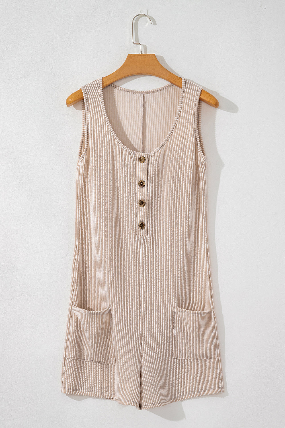 Parchment Corded Knit Side Pockets Buttoned Sleeveless Romper