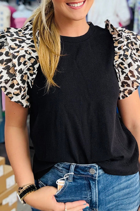Black Contrast Leopard Ruffled Short Sleeve Ribbed Knit Top