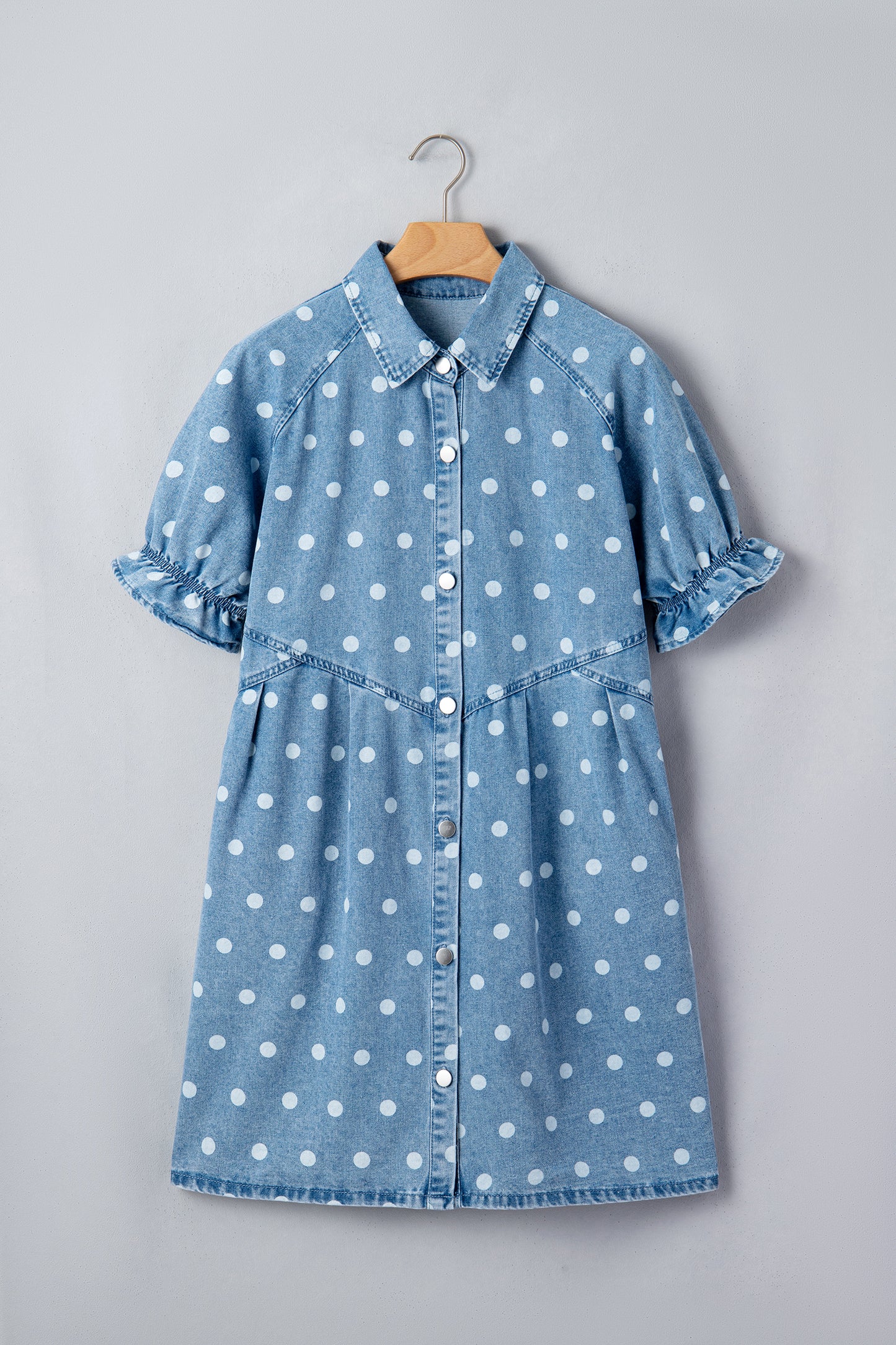 Sky Blue Polka Dot Print Ruffled Short Puff Sleeve Button Down Loose Denim Dress