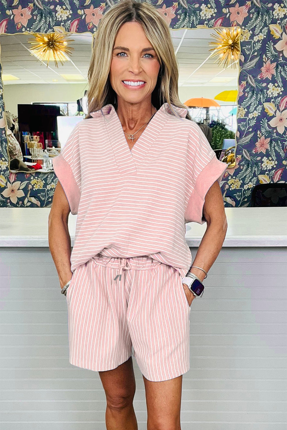 Pink Stripe Dolman Sleeve Polo Shirt and Drawstring Shorts Set