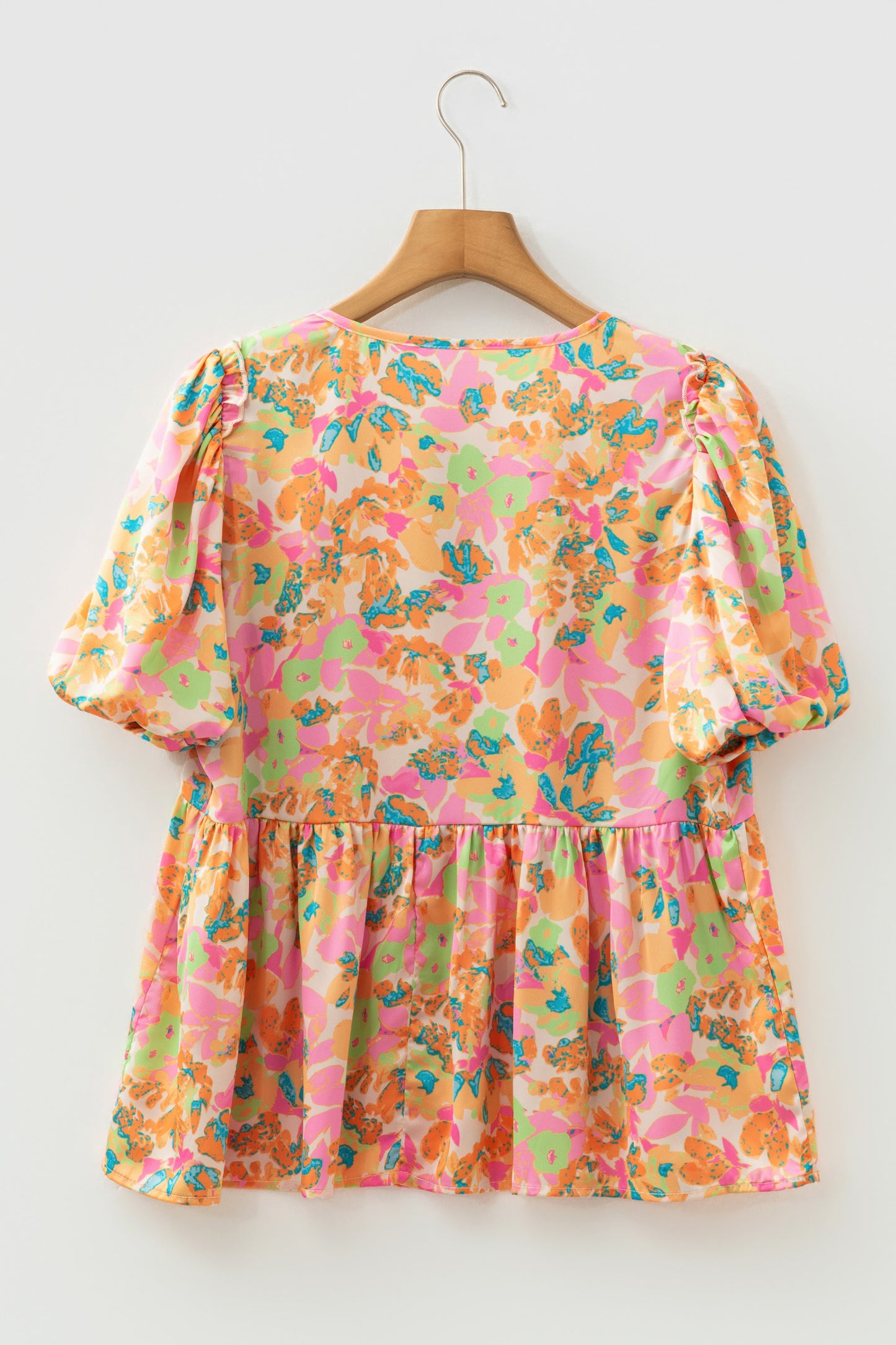 Orange Split V Neck Short Sleeve Flower Blouse