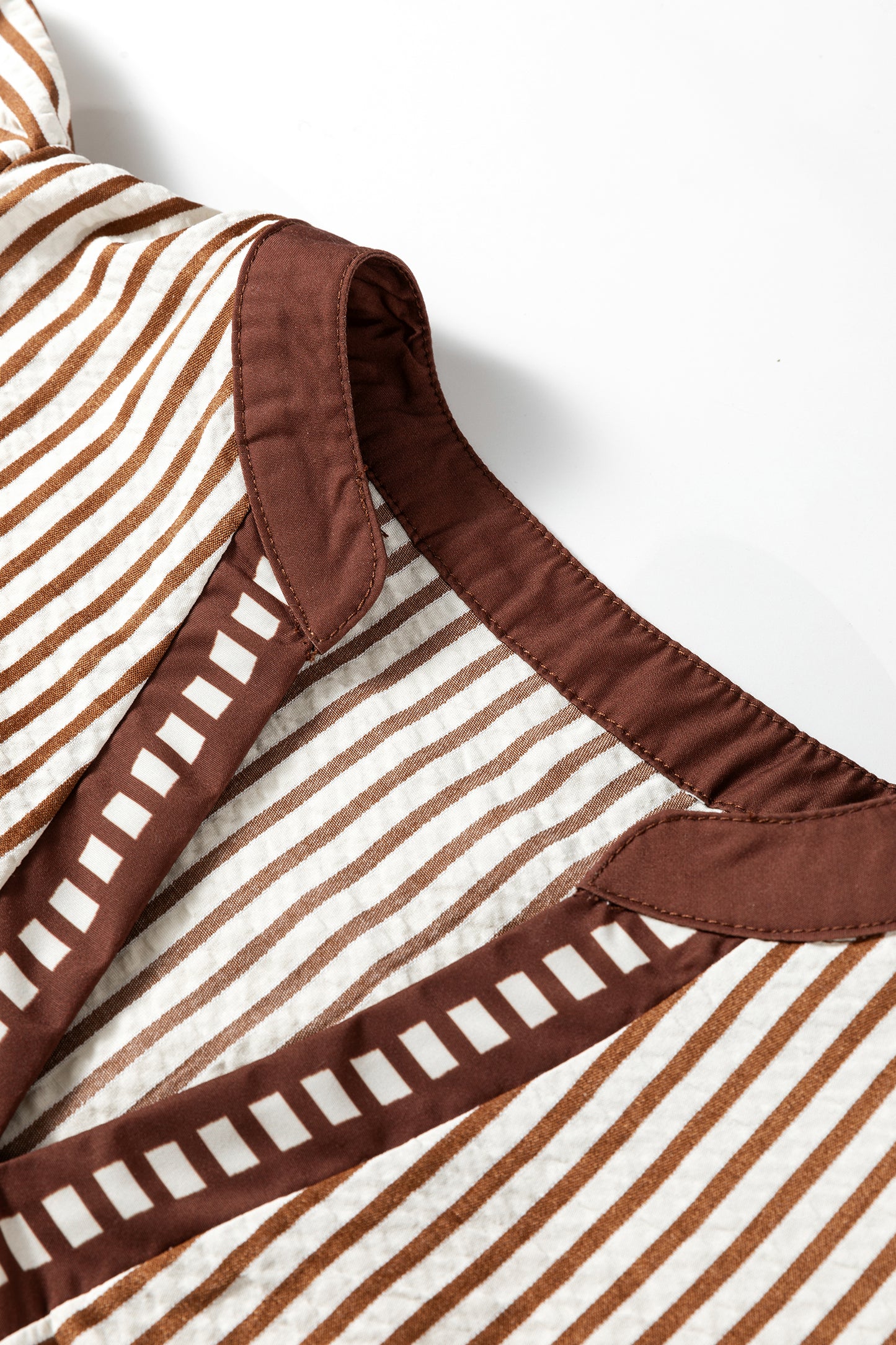 Khaki Stripe Double Ruffled Short Sleeve V Neck Blouse