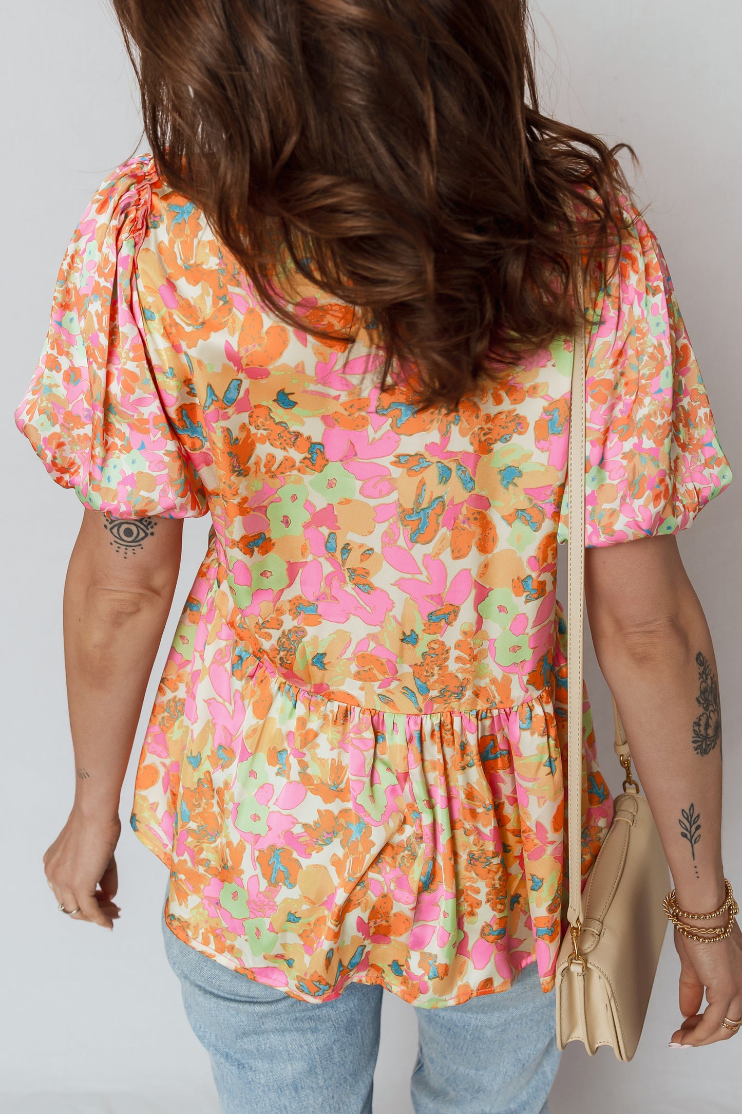 Orange Split V Neck Short Sleeve Flower Blouse