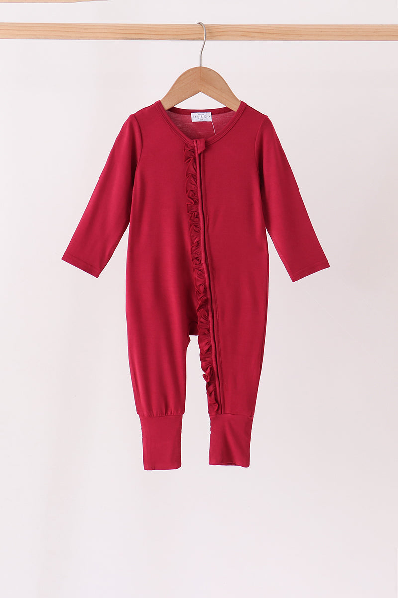 Burgundy ruffle zipper bamboo anti-slip romper – wholesale for boutiques | Honeydew USA