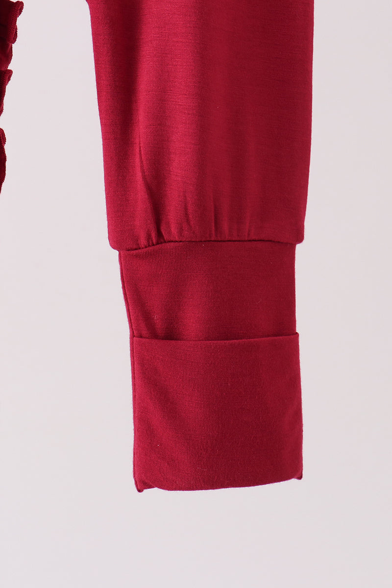 Burgundy ruffle zipper bamboo romper – view 4